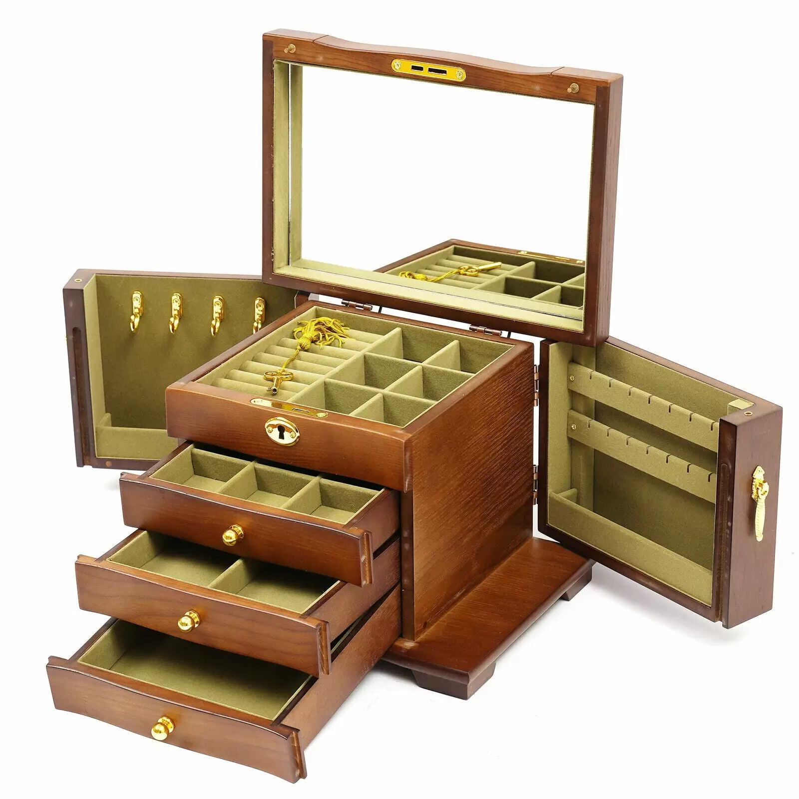 4 Schicht Holz Schmuckschatulle Make-up Schmuckbox Aufbewahrungsbox mit Spiegel