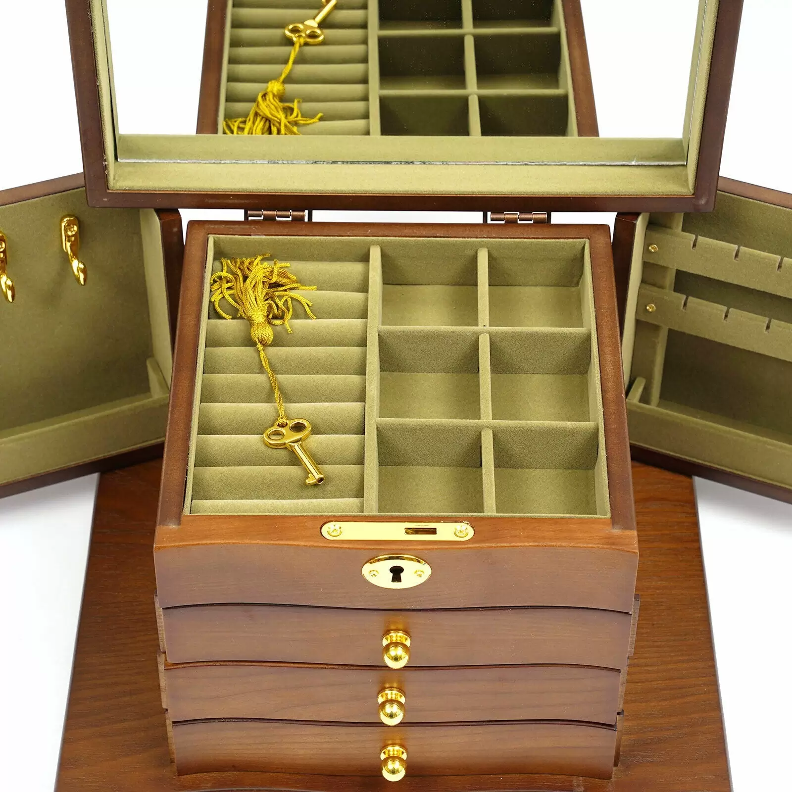 4 Schicht Holz Schmuckschatulle Make-up Schmuckbox Aufbewahrungsbox mit Spiegel 4 Schicht Holz Schmuckschatulle Make-up Schmuckbox Aufbewahrungsbox mit Spiegel