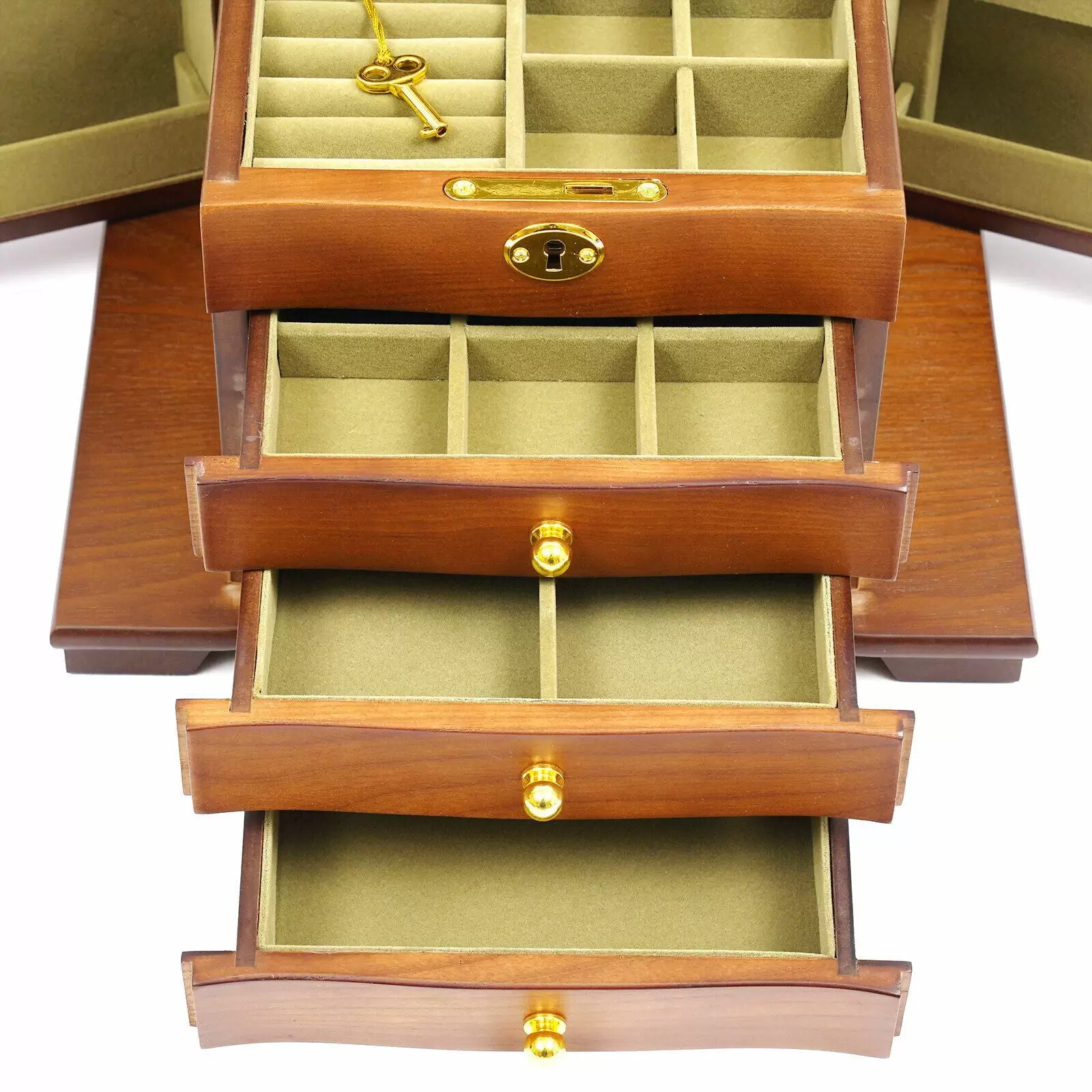 4 Schicht Holz Schmuckschatulle Make-up Schmuckbox Aufbewahrungsbox mit Spiegel 4 Schicht Holz Schmuckschatulle Make-up Schmuckbox Aufbewahrungsbox mit Spiegel