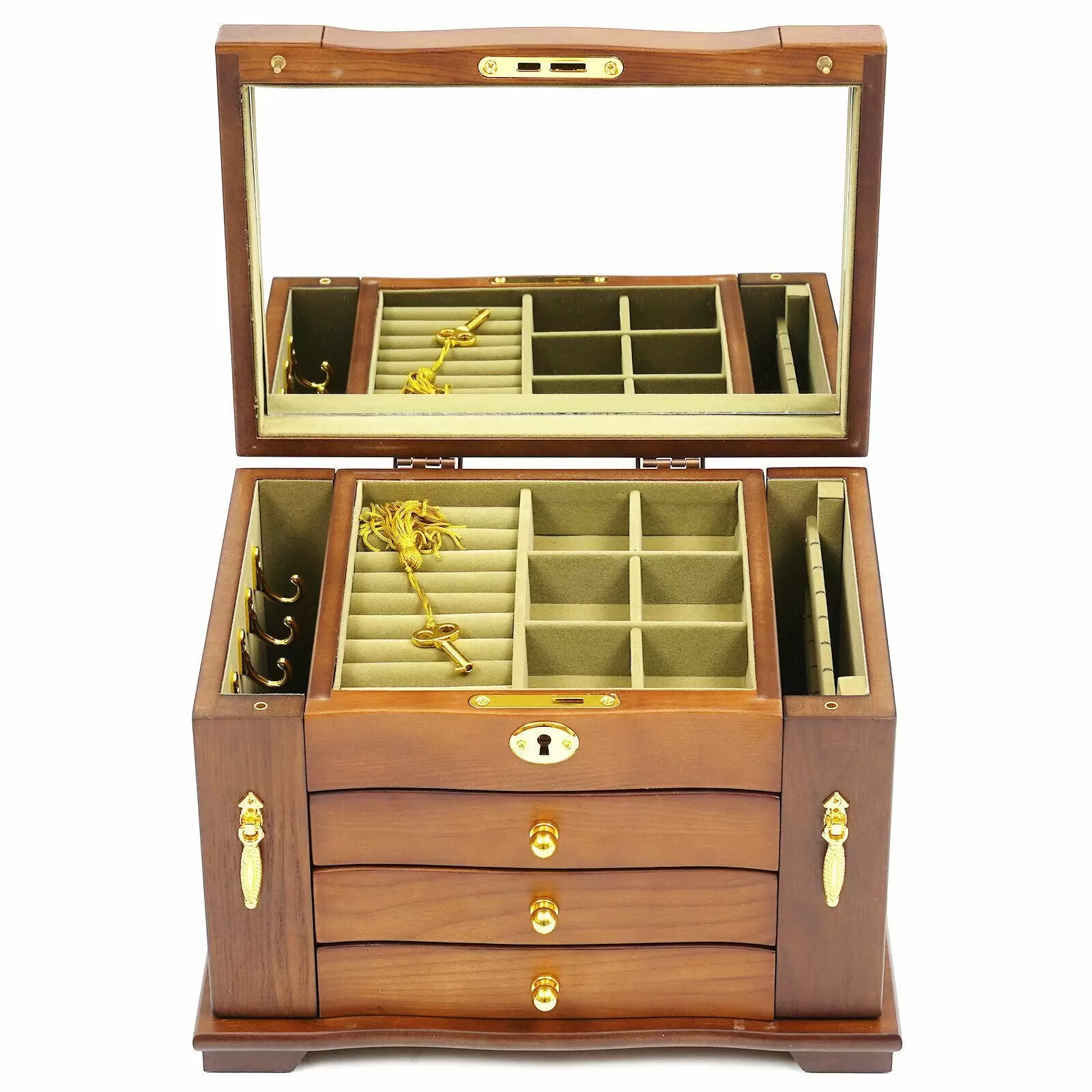 4 Schicht Holz Schmuckschatulle Make-up Schmuckbox Aufbewahrungsbox mit Spiegel 4 Schicht Holz Schmuckschatulle Make-up Schmuckbox Aufbewahrungsbox mit Spiegel