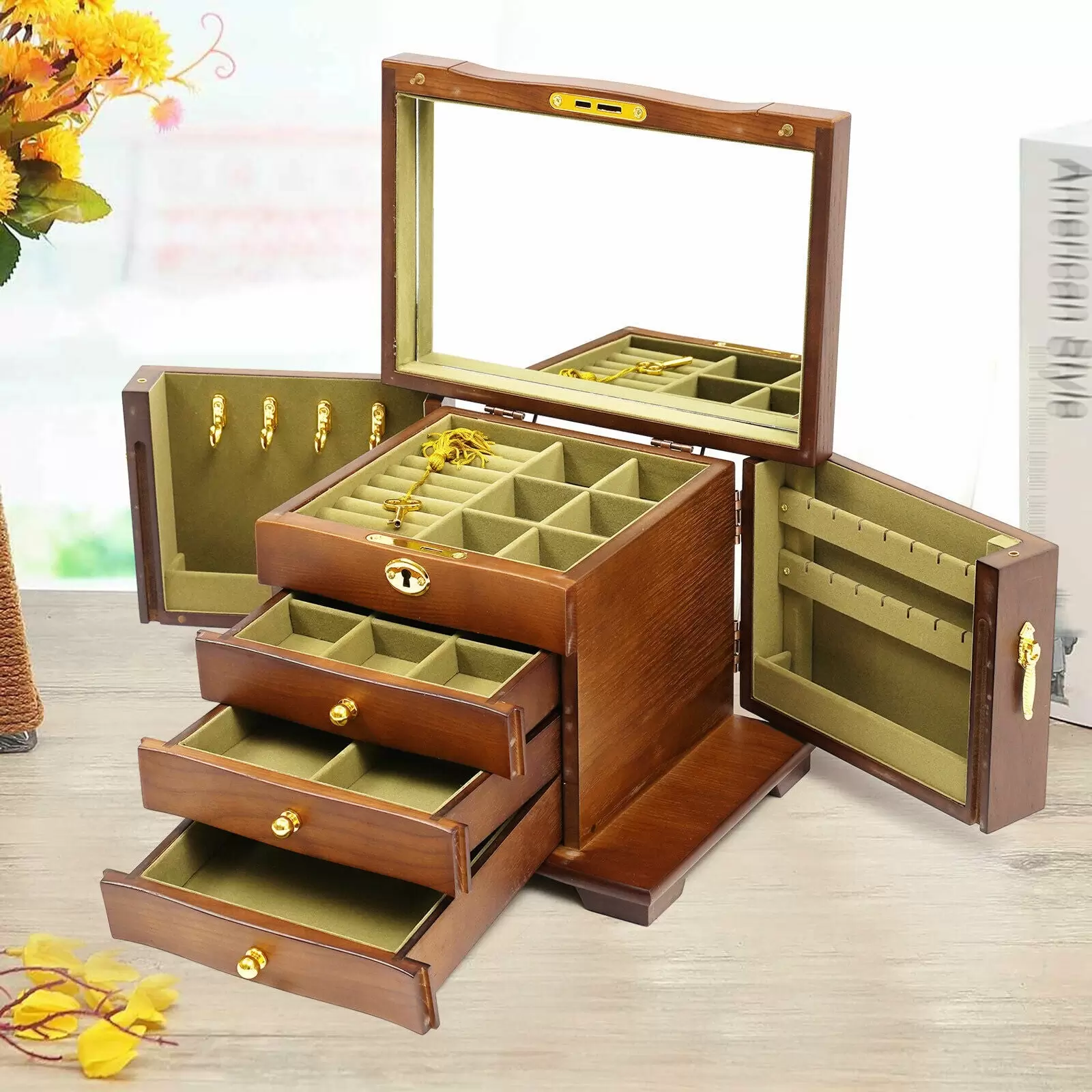 4 Schicht Holz Schmuckschatulle Make-up Schmuckbox Aufbewahrungsbox mit Spiegel 4 Schicht Holz Schmuckschatulle Make-up Schmuckbox Aufbewahrungsbox mit Spiegel