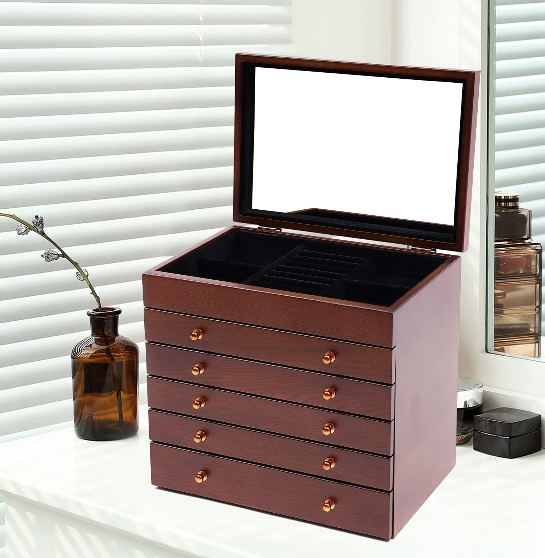 6-schichtige Holzschmuck-Aufbewahrungsbox mit Spiegel für Schmuck, Ringe, Halsketten und Uhren