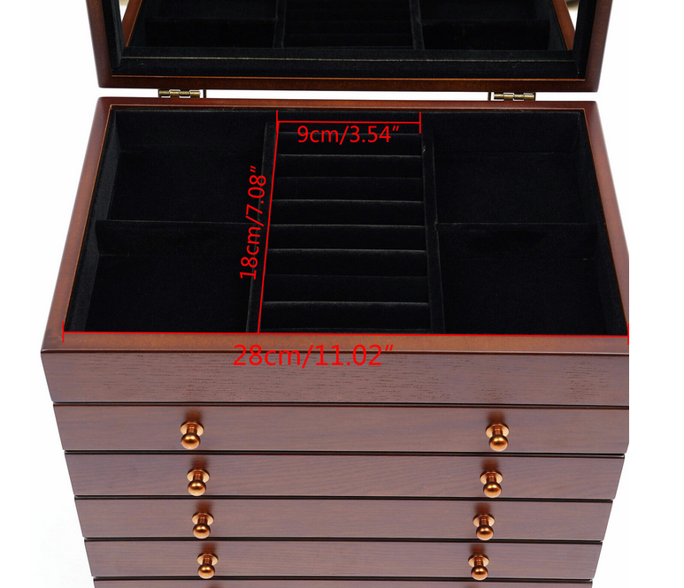 6-schichtige Holzschmuck-Aufbewahrungsbox mit Spiegel für Schmuck, Ringe, Halsketten und Uhren