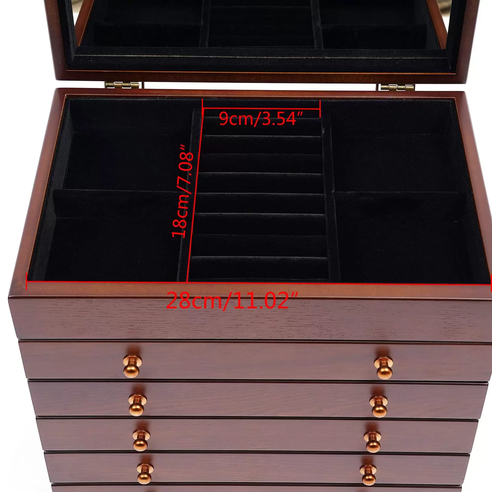 6-schichtige Holzschmuck-Aufbewahrungsbox mit Spiegel für Schmuck, Ringe, Halsketten und Uhren 6-schichtige Holzschmuck-Aufbewahrungsbox mit Spiegel für Schmuck, Ringe, Halsketten und Uhren