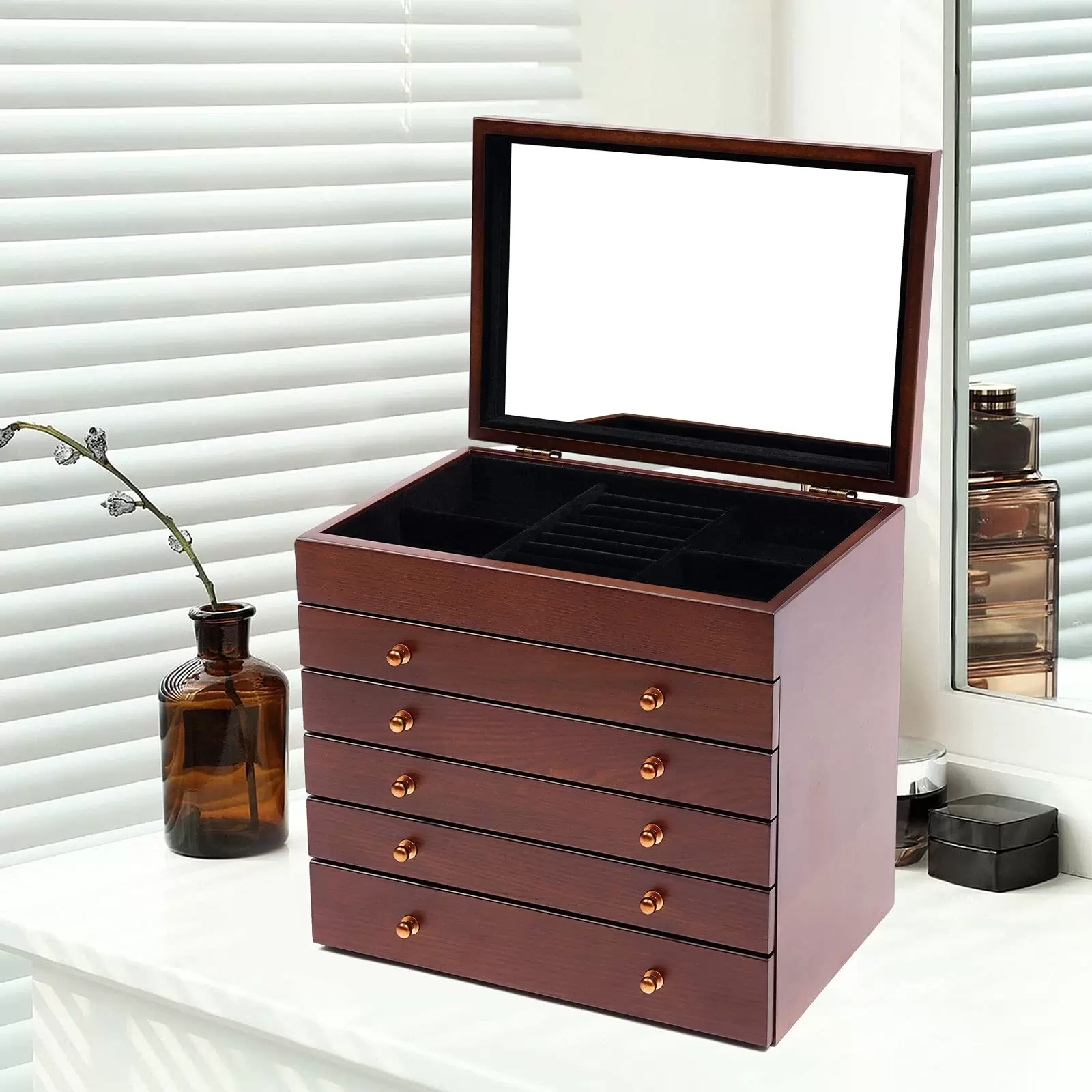 6-schichtige Holzschmuck-Aufbewahrungsbox mit Spiegel für Schmuck, Ringe, Halsketten und Uhren 6-schichtige Holzschmuck-Aufbewahrungsbox mit Spiegel für Schmuck, Ringe, Halsketten und Uhren