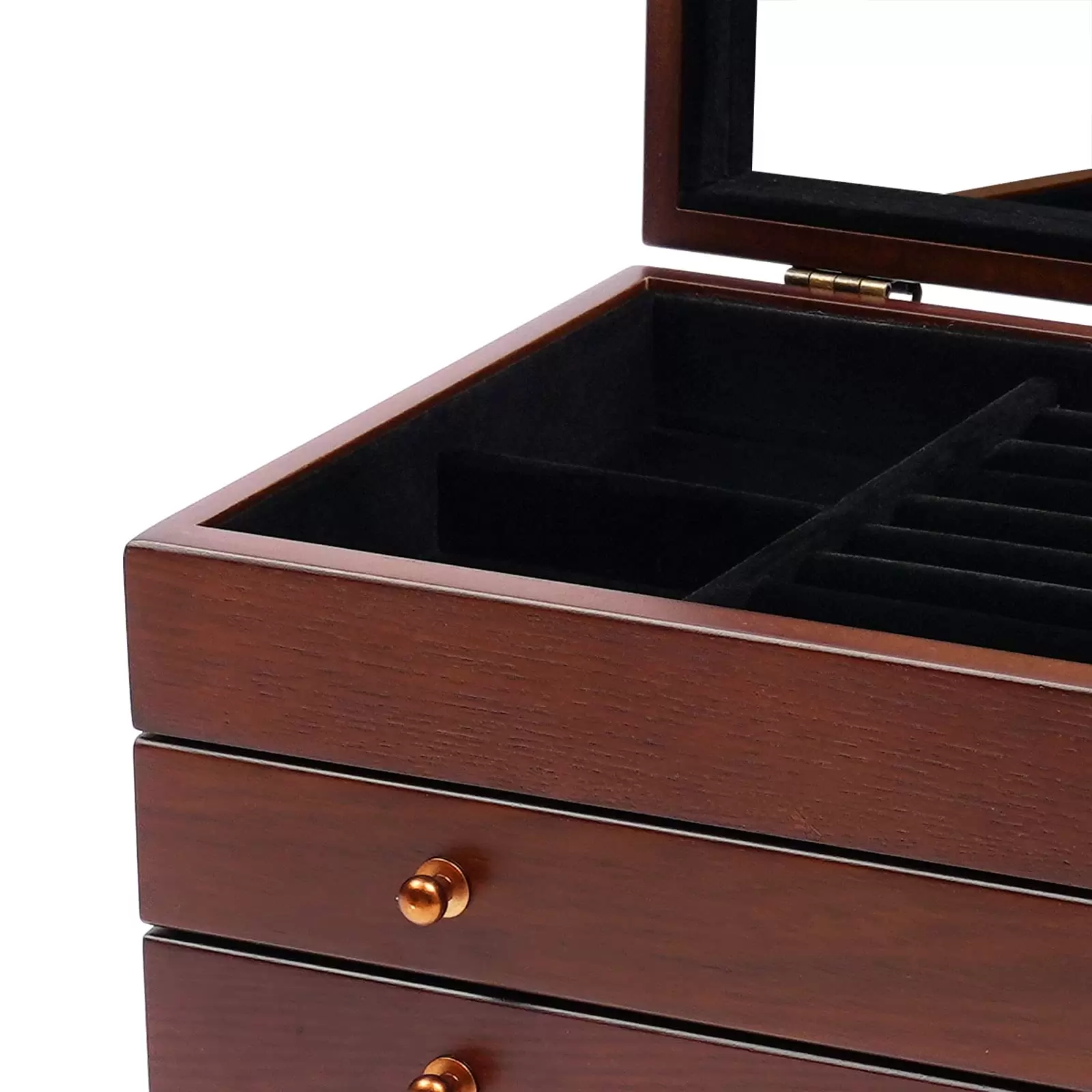 6-schichtige Holzschmuck-Aufbewahrungsbox mit Spiegel für Schmuck, Ringe, Halsketten und Uhren 6-schichtige Holzschmuck-Aufbewahrungsbox mit Spiegel für Schmuck, Ringe, Halsketten und Uhren