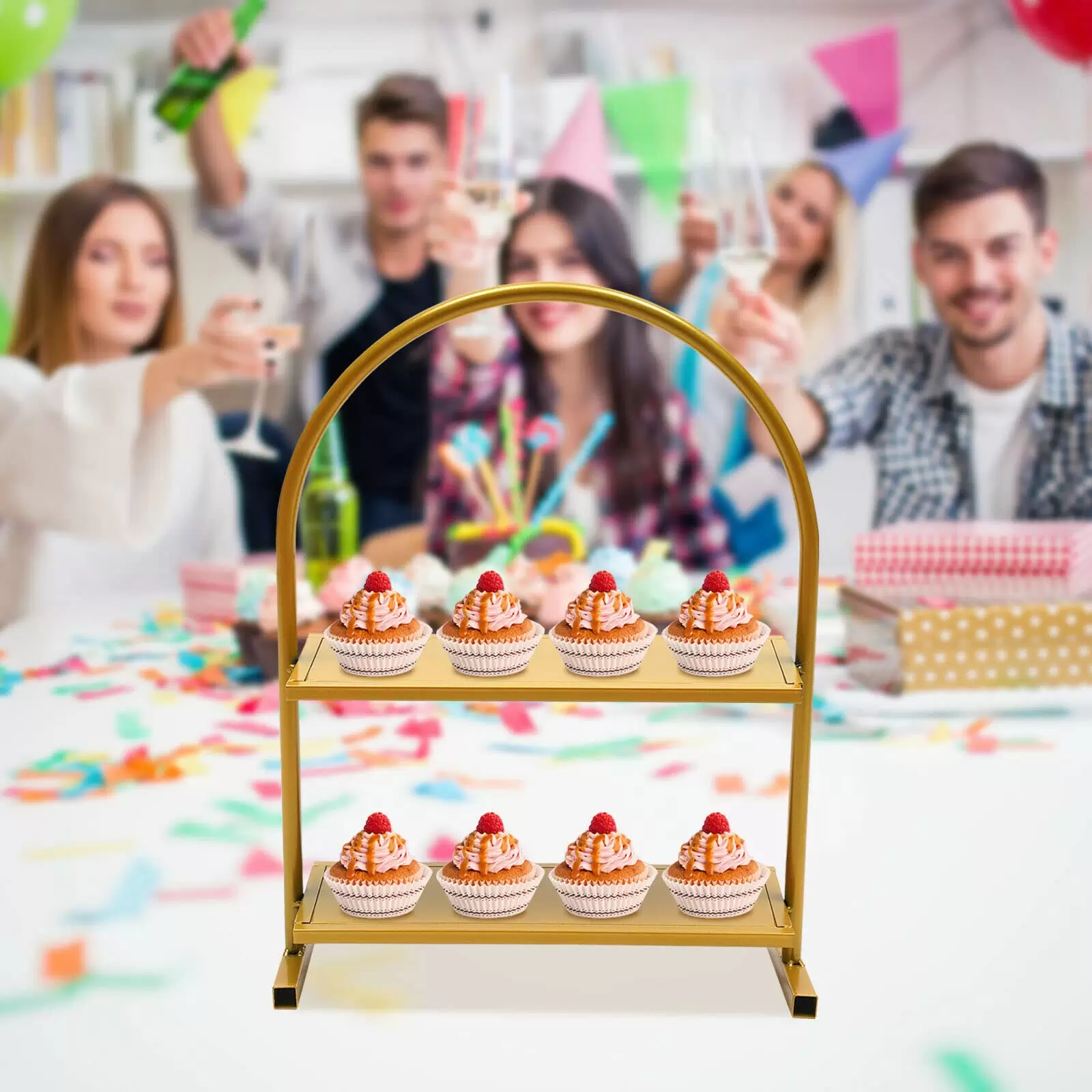 2 Ebenen Metall Cupcake-Ständer Hochzeitsbogen Dessert Kuchen Dessertständer Ausstellungsstand Tortenständ