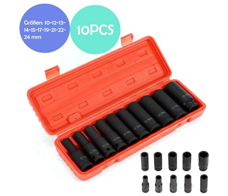 10 tlg Steckschlüssel Schlagschrauber Nuss Satz Kraft Nüsse Kraftnuss Set 1/2" Werkzeug Set