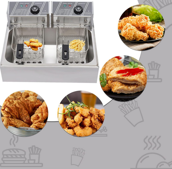 12L 2500W Fritteusen für Pommes Frites Hühnchen Restaurant Home Kitchen, Edelstahl Kaltzonen Doppelfritteuse