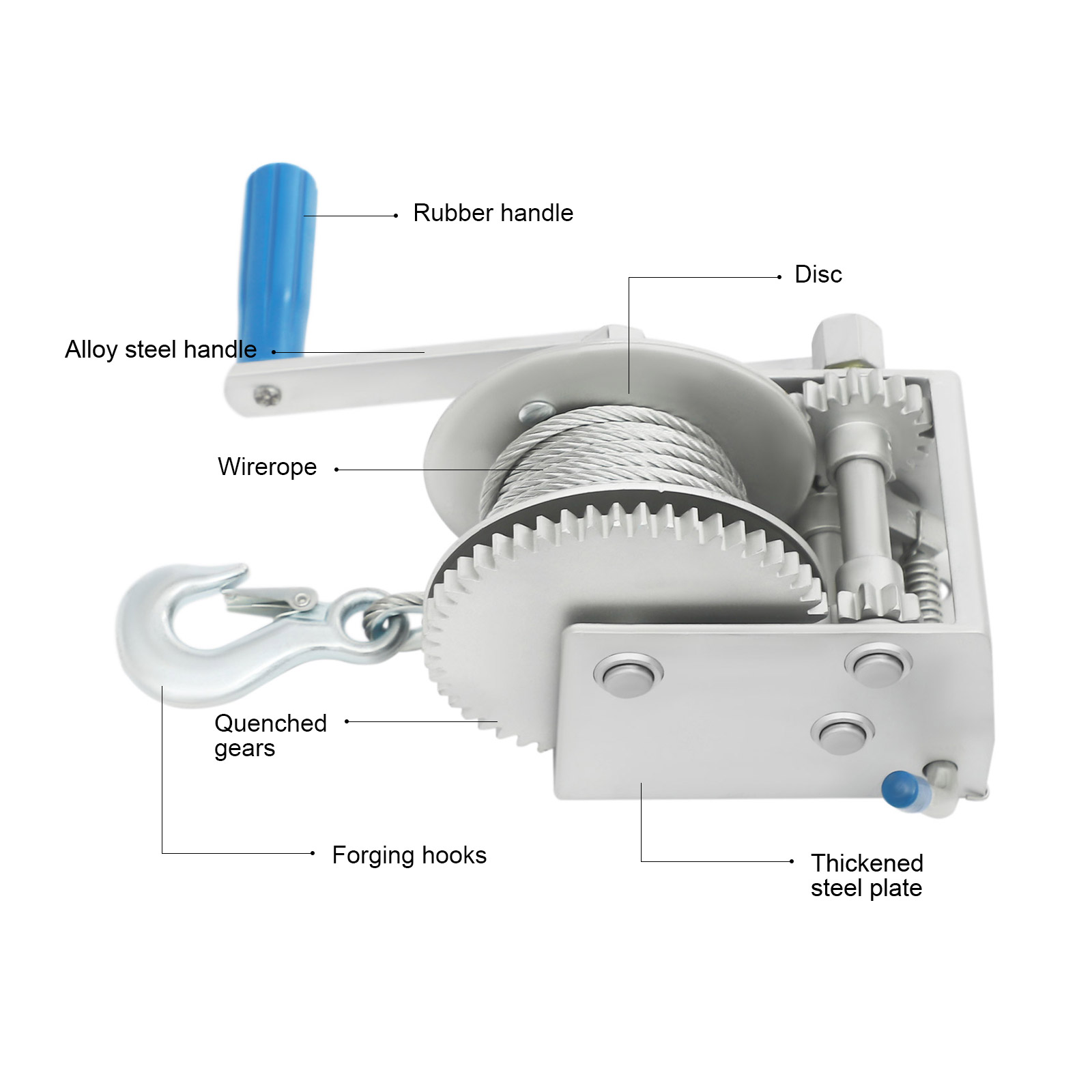 Hand Winch, Hand Winch with 3 Gear Ratios, 2500 lbs Hand Winch with Locking Function