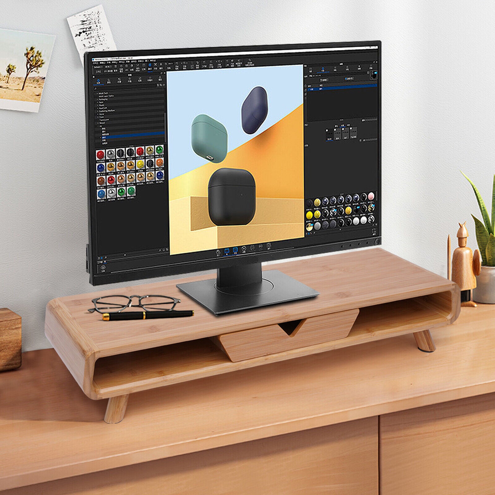 24" Bambus Monitorständer mit Schublade Tischhalterung Monitor Halterungen Tragfähigkeit bis 50kg Monitorerhöhung