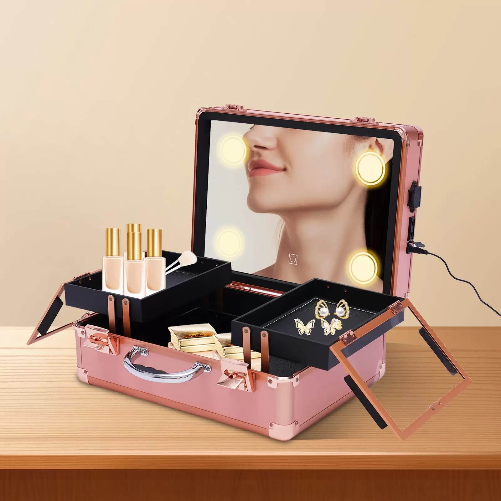 Kosmetikkoffer Make-up Koffer mit Spiegel für die Aufbewahrung von Kosmetika Wiederaufladbar