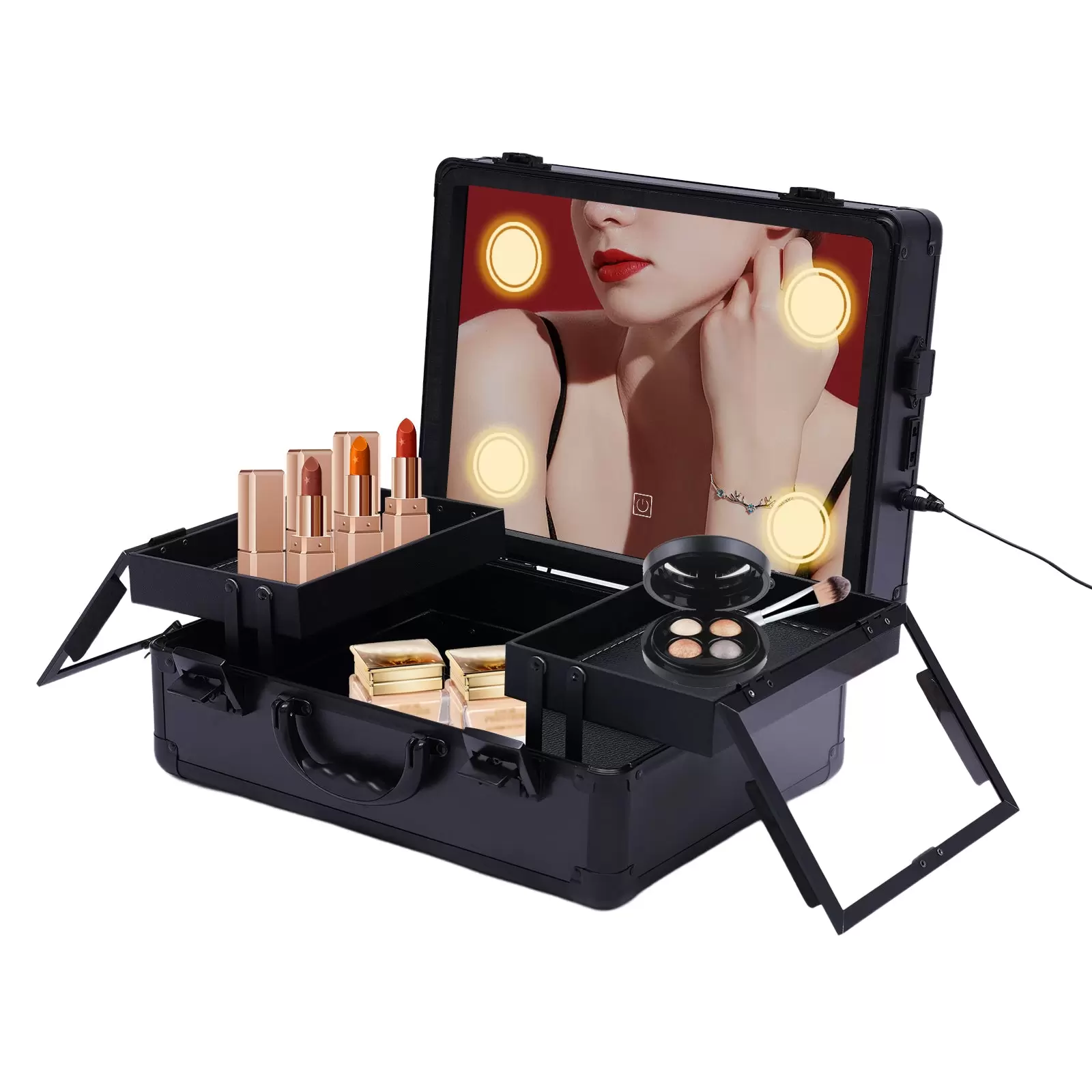 Kosmetikkoffer Make-up Koffer mit Spiegel für die Aufbewahrung von Kosmetika Wiederaufladbar (Schwarz)