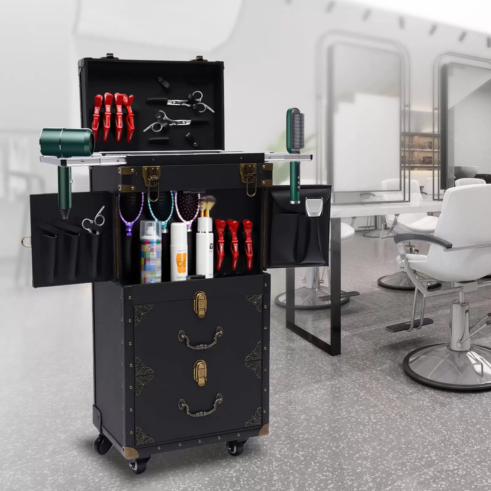 Rollende Abschließbare Make-up Kosmetikkoffer Trolley mit Haartrockner Halter Rollende Abschließbare Make-up Kosmetikkoffer Trolley mit Haartrockner Halter