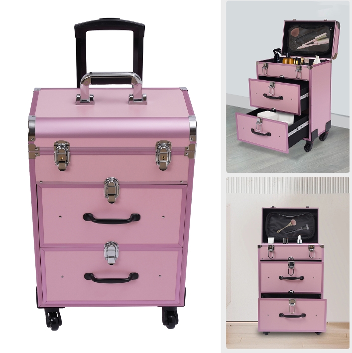 Kosmetikkoffer mit Trolley und 4 Rollen, 2 Schubladen, faltbar, reisetauglich, Makeup Artist, Pink