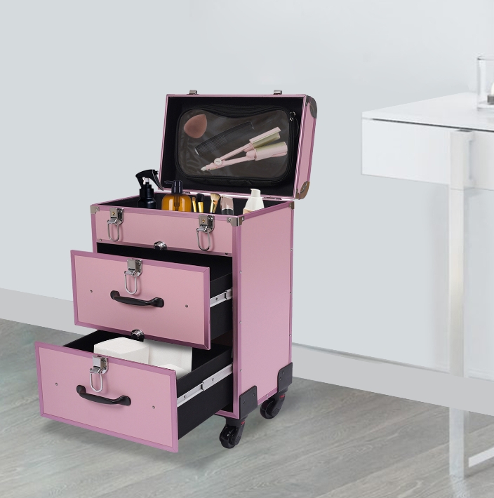 Kosmetikkoffer mit Trolley und 4 Rollen, 2 Schubladen, faltbar, reisetauglich, Makeup Artist, Pink