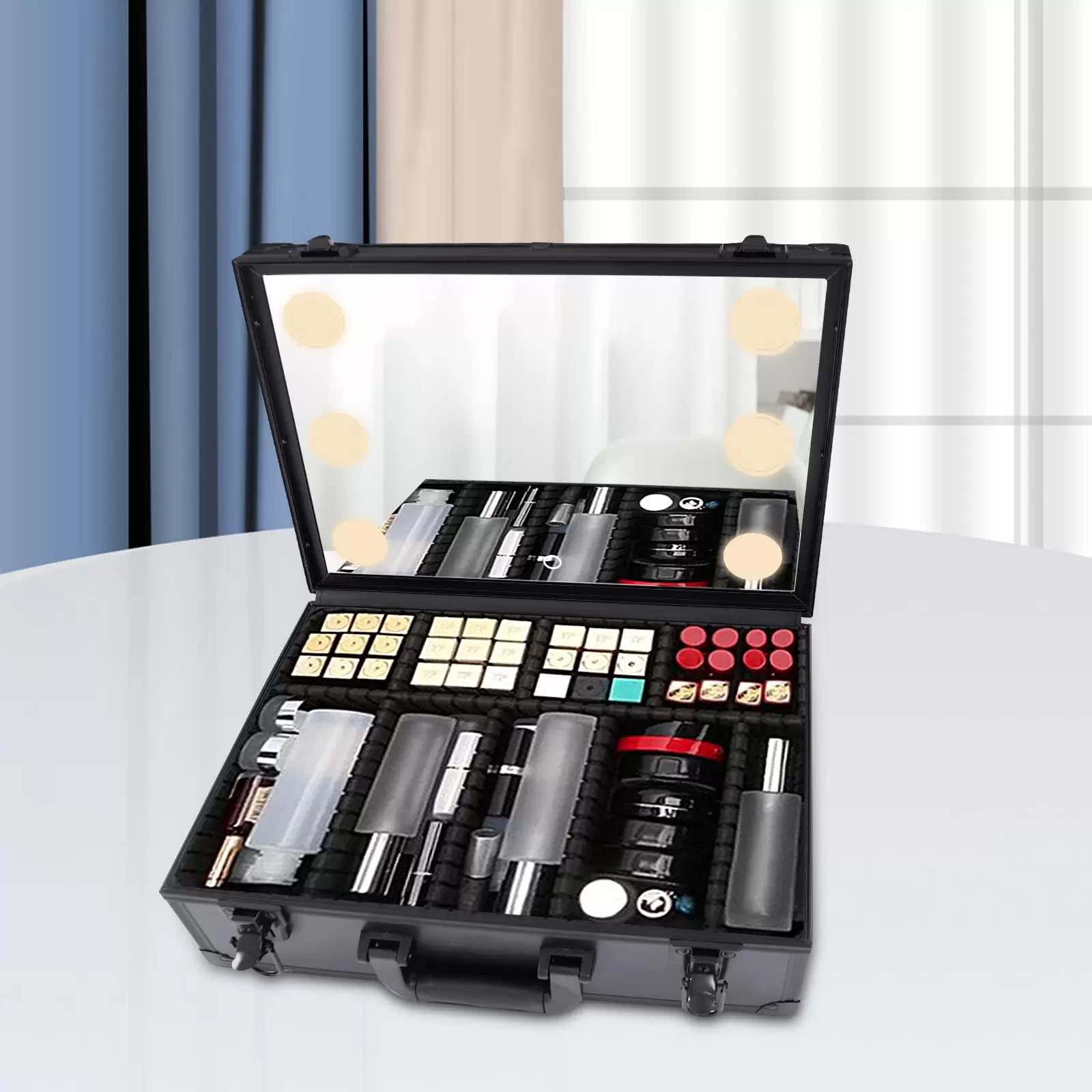Schminkkoffer Mit Spiegel und Lichtern Cosmetic Organizer Box Kosmetiktasche Make-up Tragekoffer