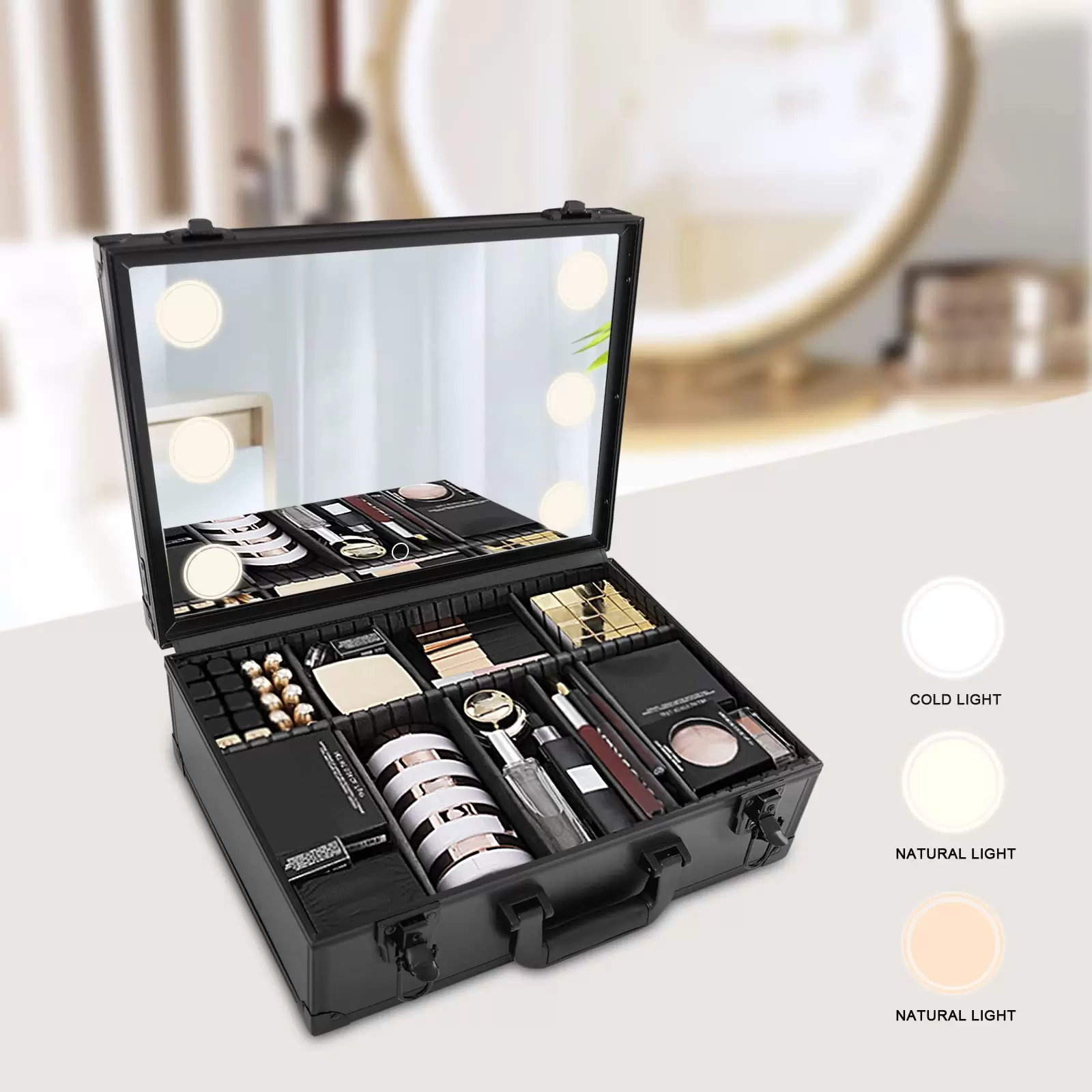 Schminkkoffer Mit Spiegel und Lichtern Cosmetic Organizer Box Kosmetiktasche Make-up Tragekoffer