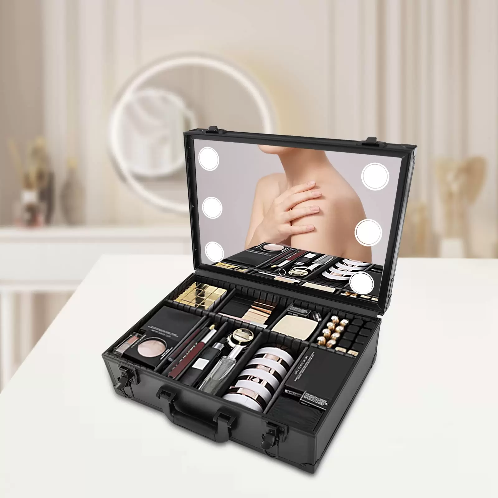 Schminkkoffer Mit Spiegel und Lichtern Cosmetic Organizer Box Kosmetiktasche Make-up Tragekoffer