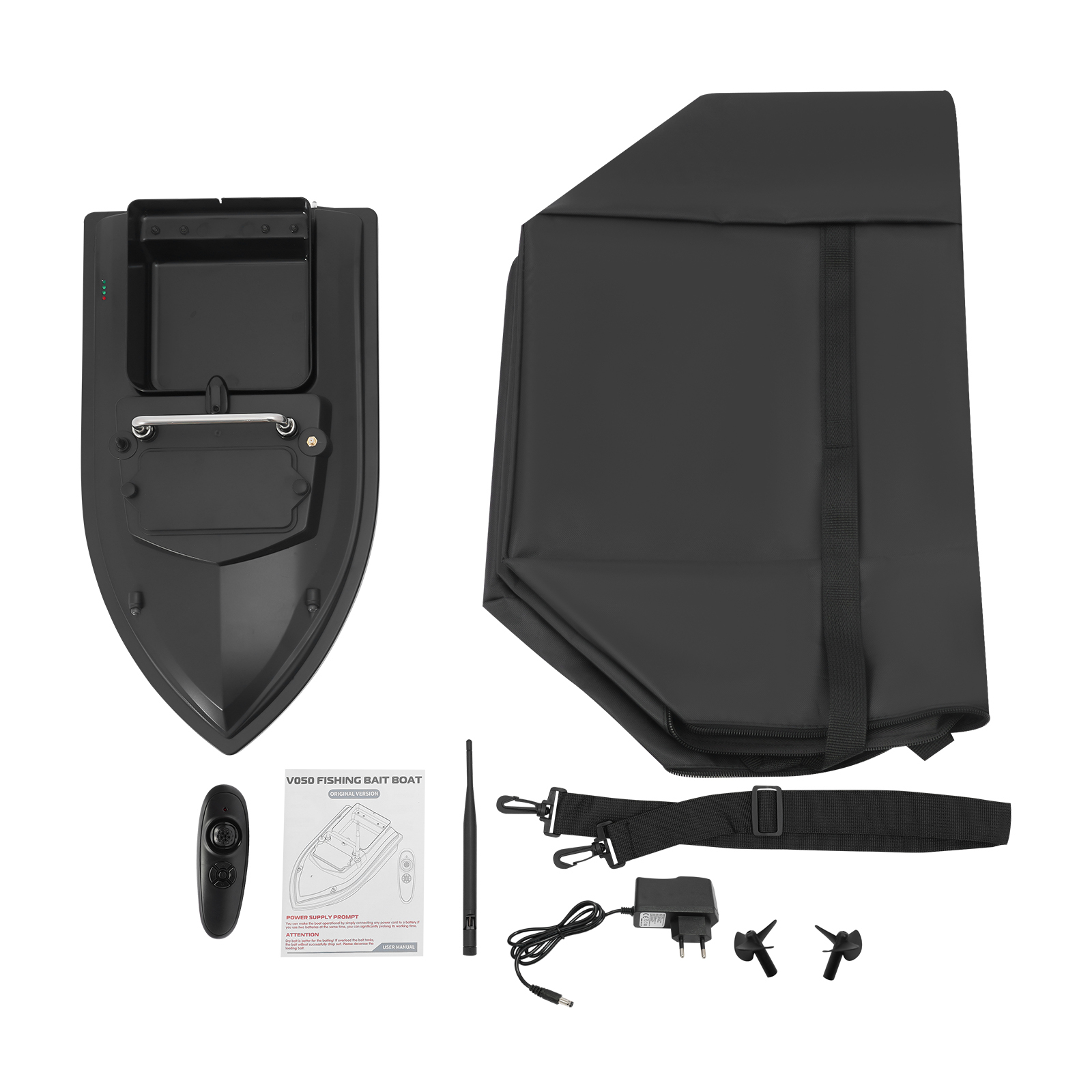 V050 Black Factory Edition con borsa + 2 batterie da 5200 mAh, barca da pesca con esche, barca da pesca con doppio gancio per esche, barca da pesca con esche e telecomando