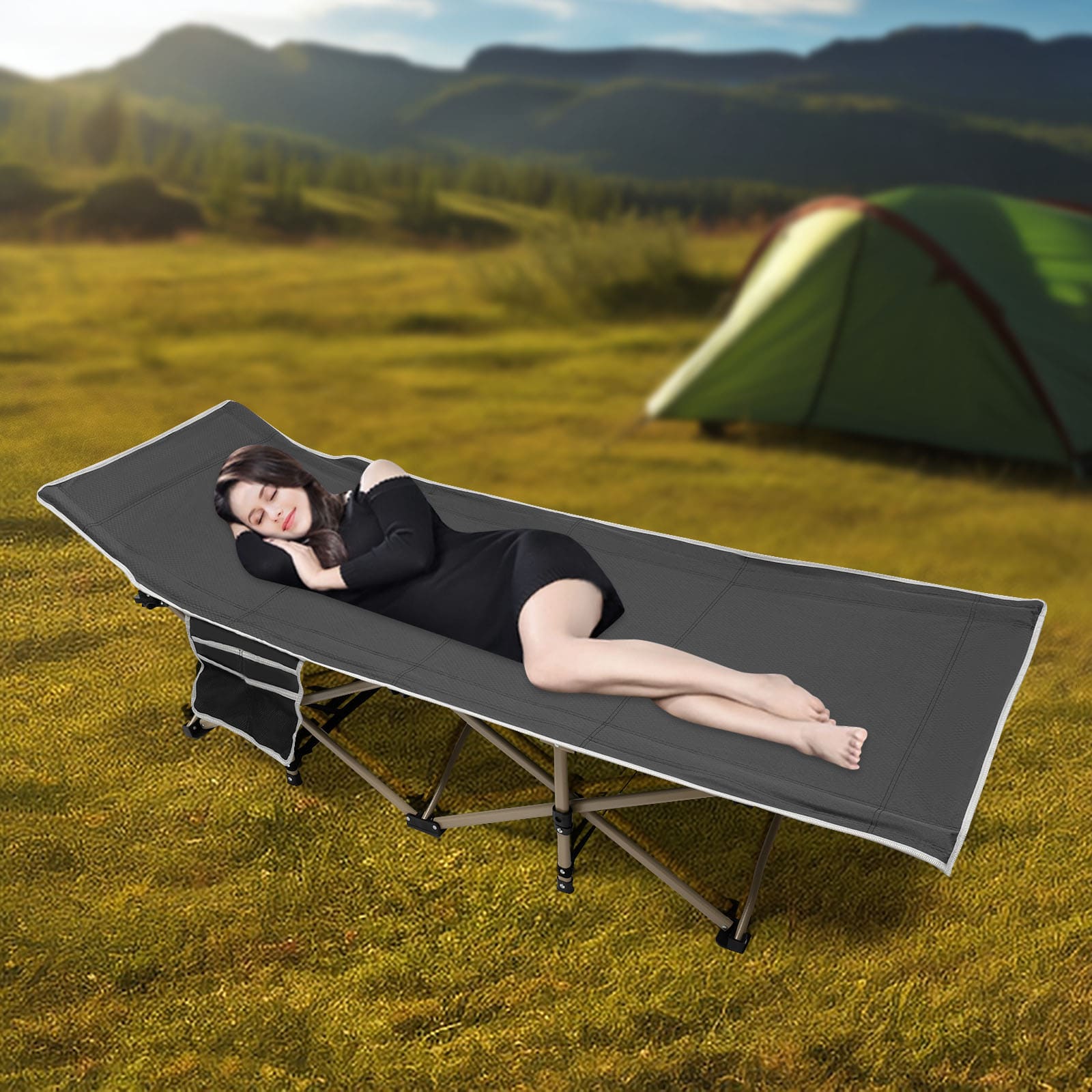 Campingbett - Reisebett - Faltbares Feldbett - für Campingwanderungen - Leichtes Schlafbett für den Außenbereich - mit Aufbewahrungstasche (Grau)