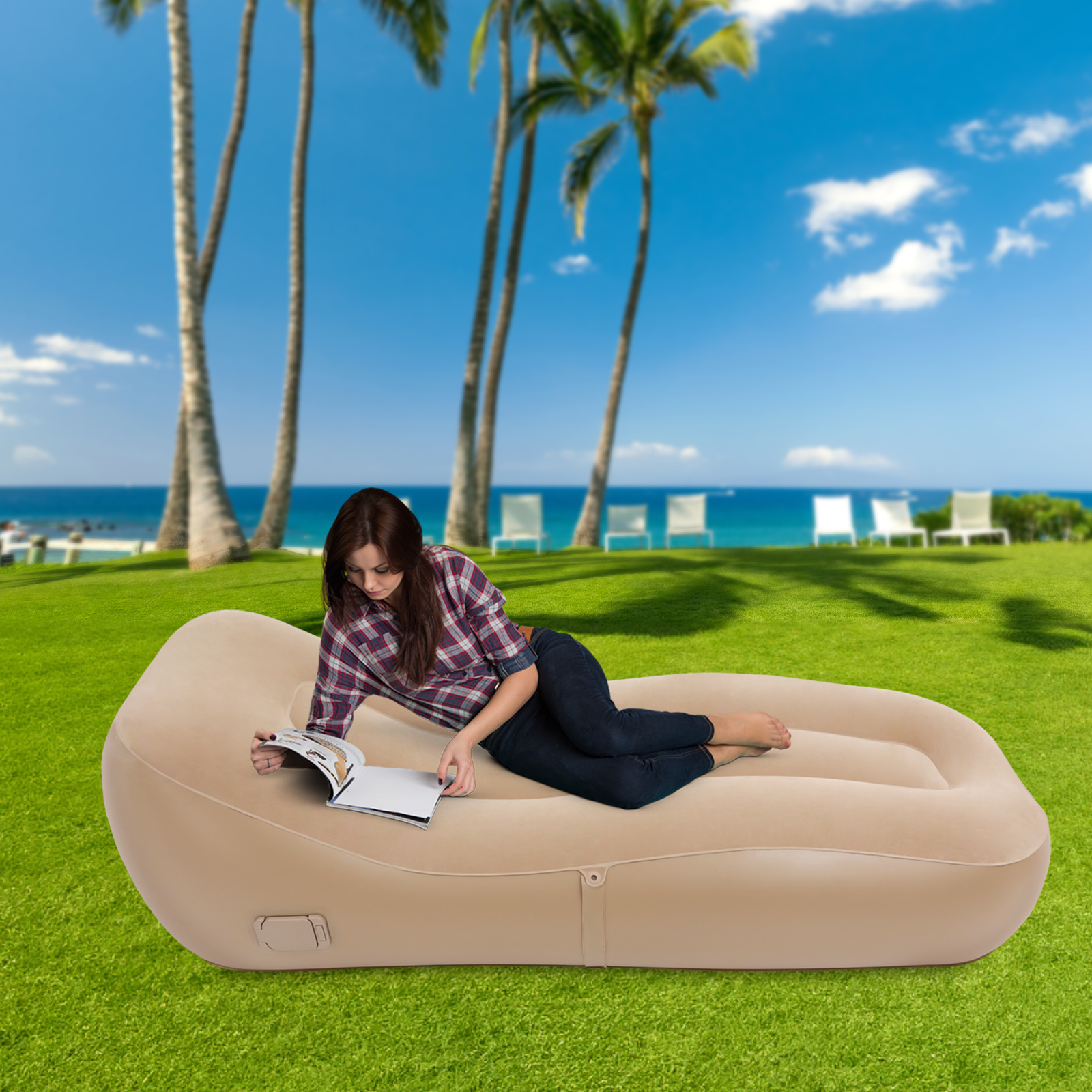 Khaki Inflatable Bed + Dual-purpose Square Electric Pump 180 x 76 x 55 cm Inflatable Sofa, Inflatable Couch Camping Sofa