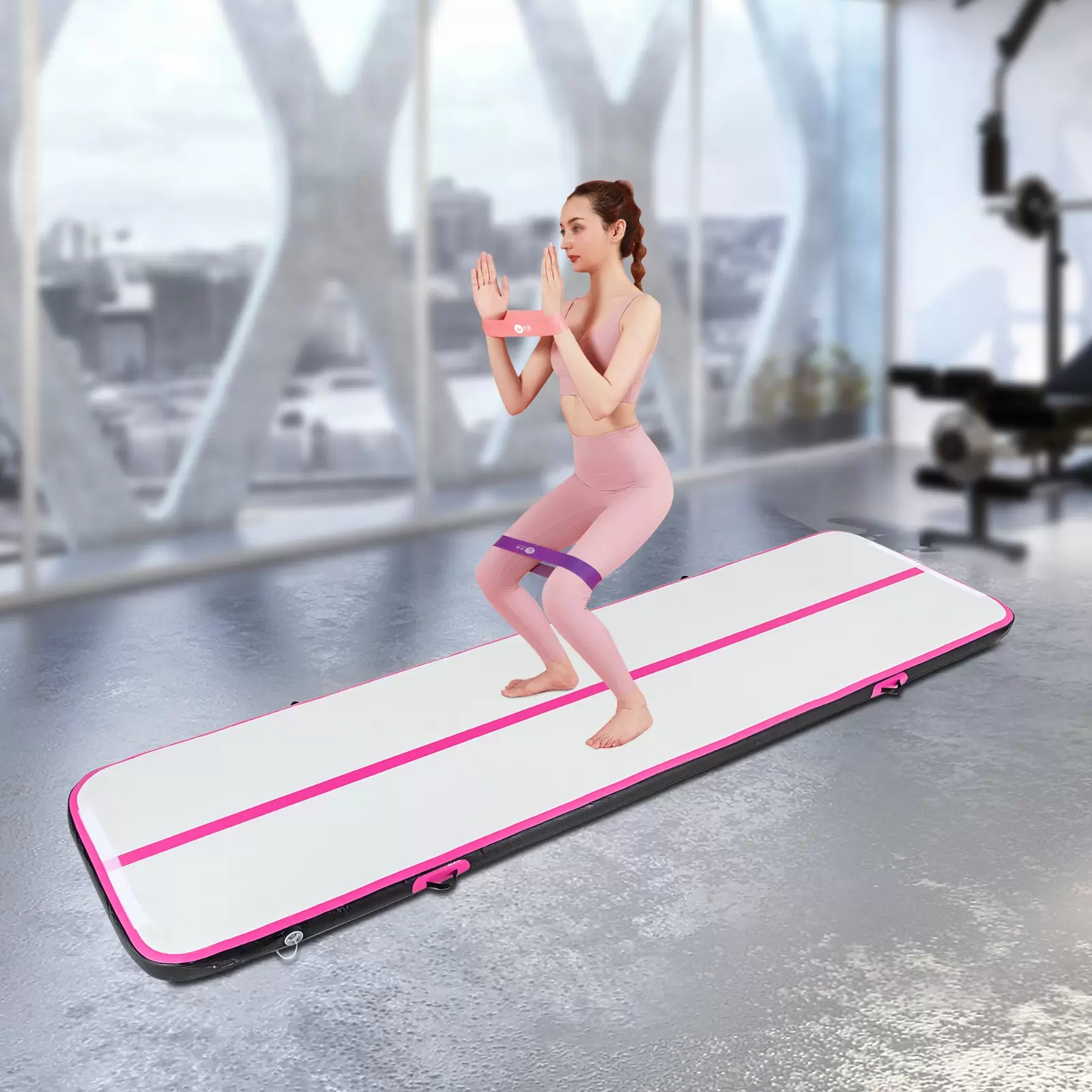 CNCEST 1*4m Gymnastikmatte Tumbling Matte schwarz und rosa mit Luftpumpe für Zuhause, im Freien, Yoga