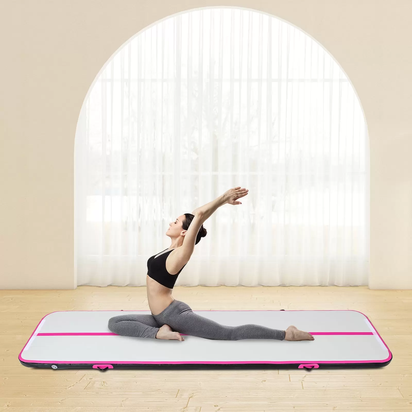 CNCEST 1*4m Gymnastikmatte Tumbling Matte schwarz und rosa mit Luftpumpe für Zuhause, im Freien, Yoga