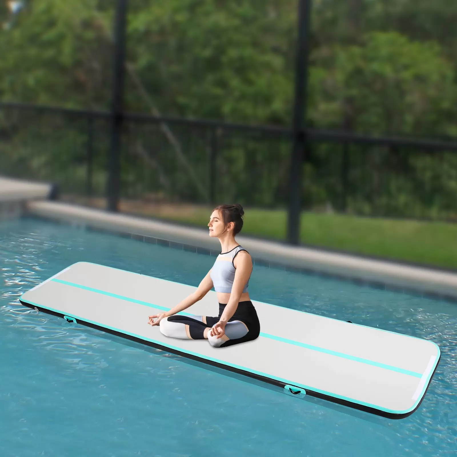 CNCEST 1*5m Gymnastikmatte Tumbling Matte 10CM Aufblasbare  mit Luftpumpe für Zuhause, im Freien, Yoga