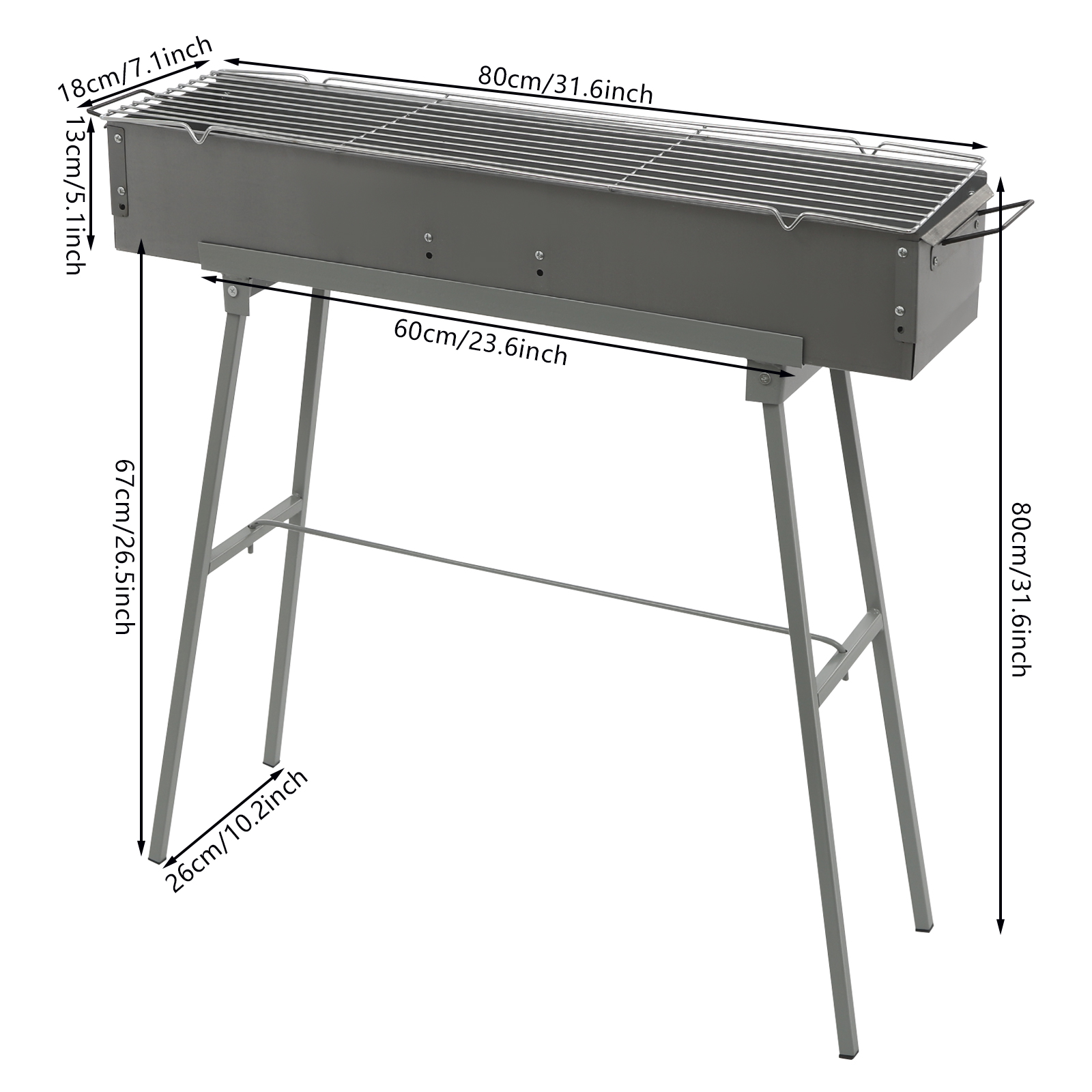 80 x 18 cm Ofenkörper + Dreibein + Grillrost – Tragbarer BBQ-Grill, Klappbarer Camping-Grill, Holzkohlegrills