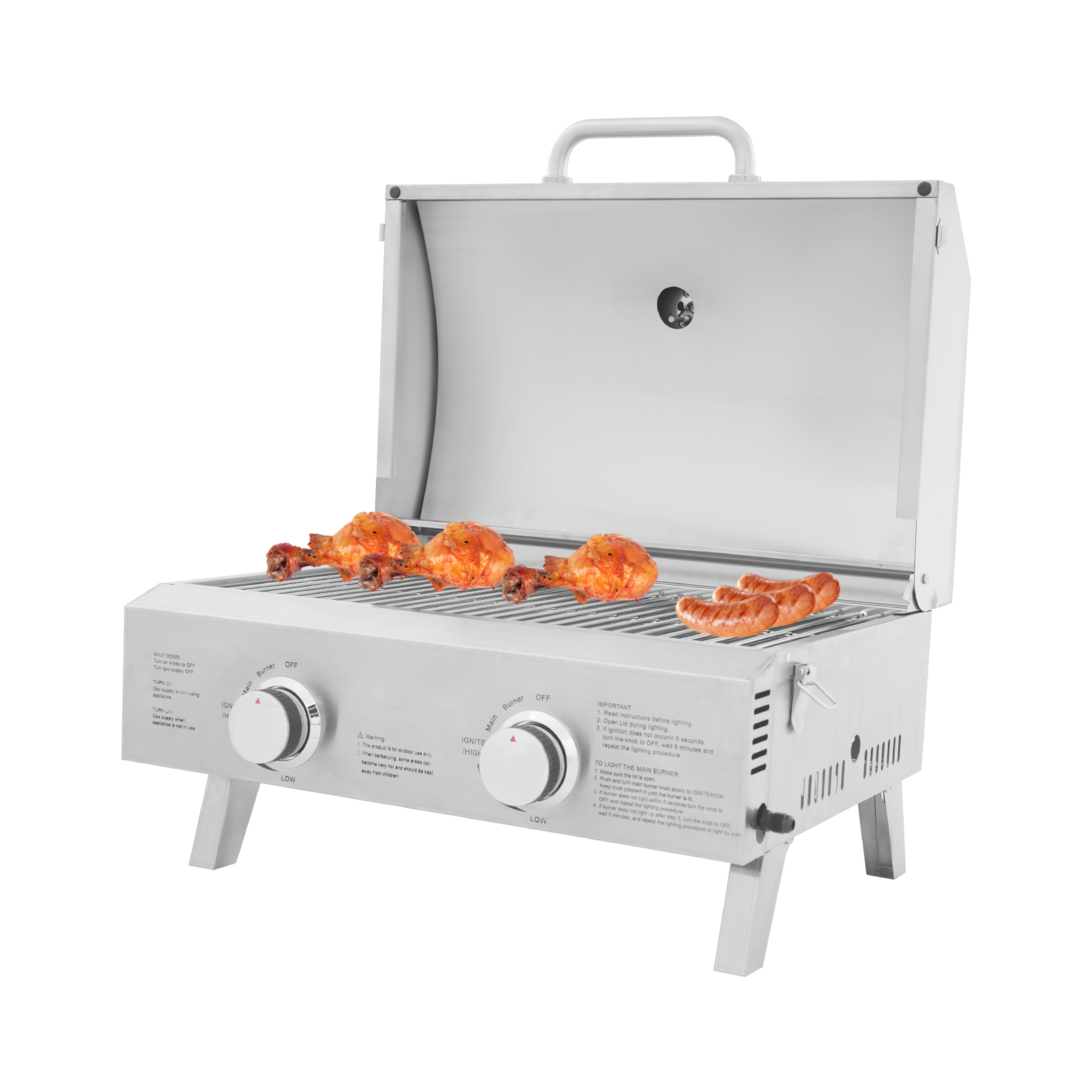 2-Kopf-Gasgrill aus Edelstahl, tragbarer Grill, klappbarer Outdoor-Grill