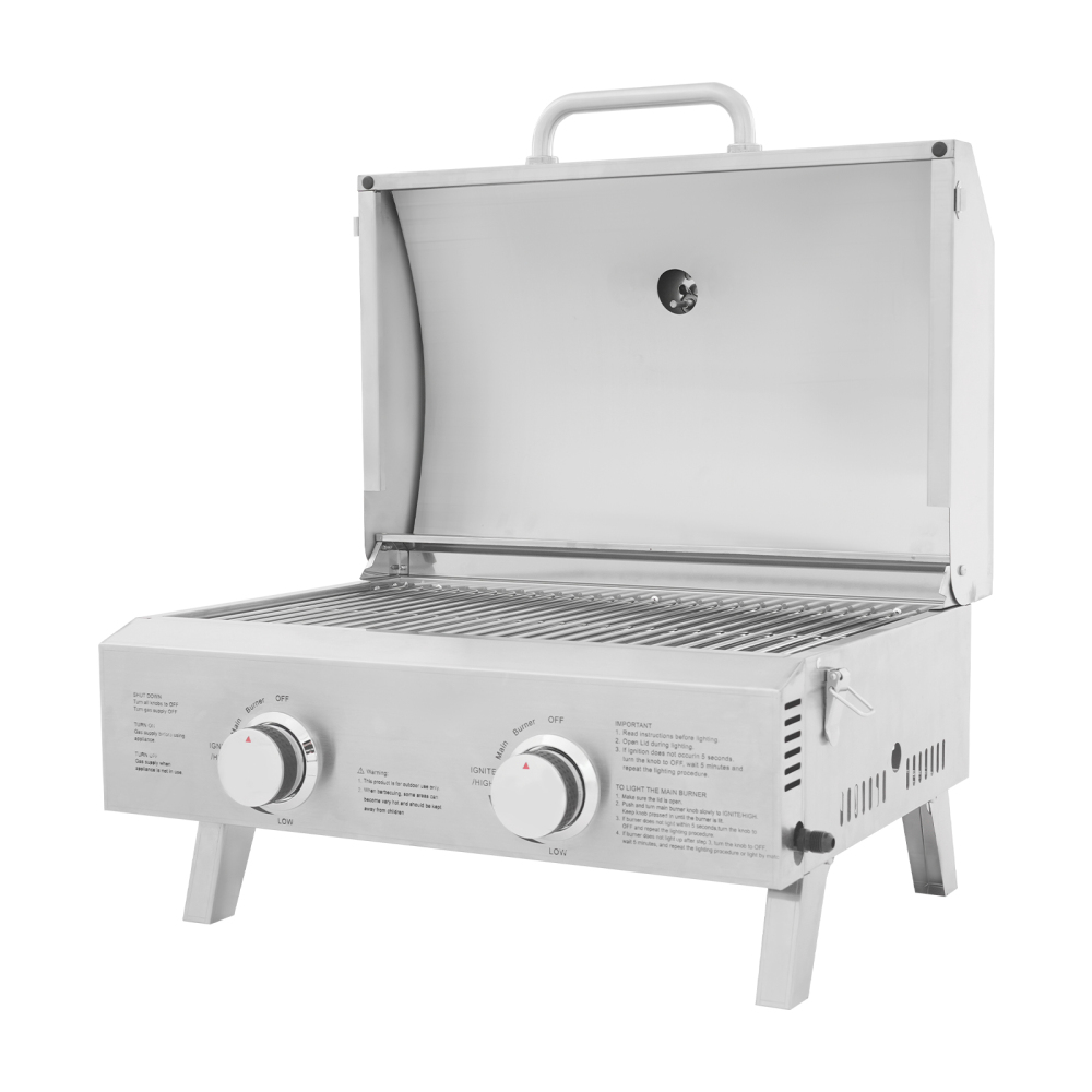 2-Kopf-Gasgrill aus Edelstahl, tragbarer Grill, klappbarer Outdoor-Grill