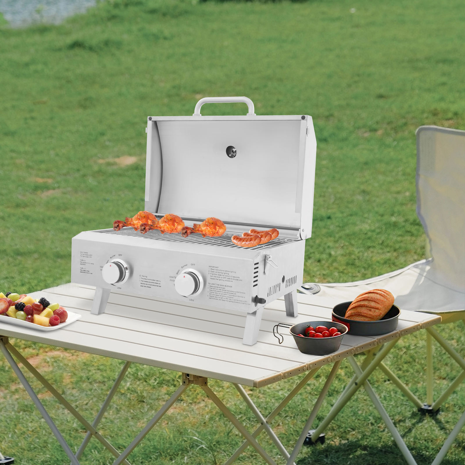2 Head Stainless Steel Gas Grill, Portable Barbecue Grill, Folding Outdoor Barbecue Grill
