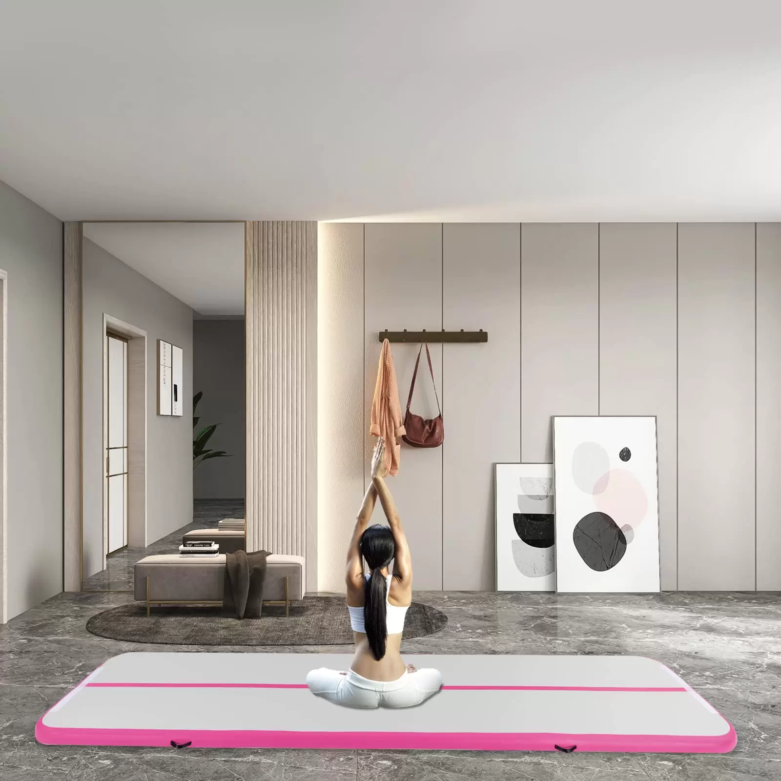 CNEST 1*4m Rosa aufblasbare Gymnastikmatte mit elektrischer Pumpe, 4inches Stärke PVC Tumbling Matte