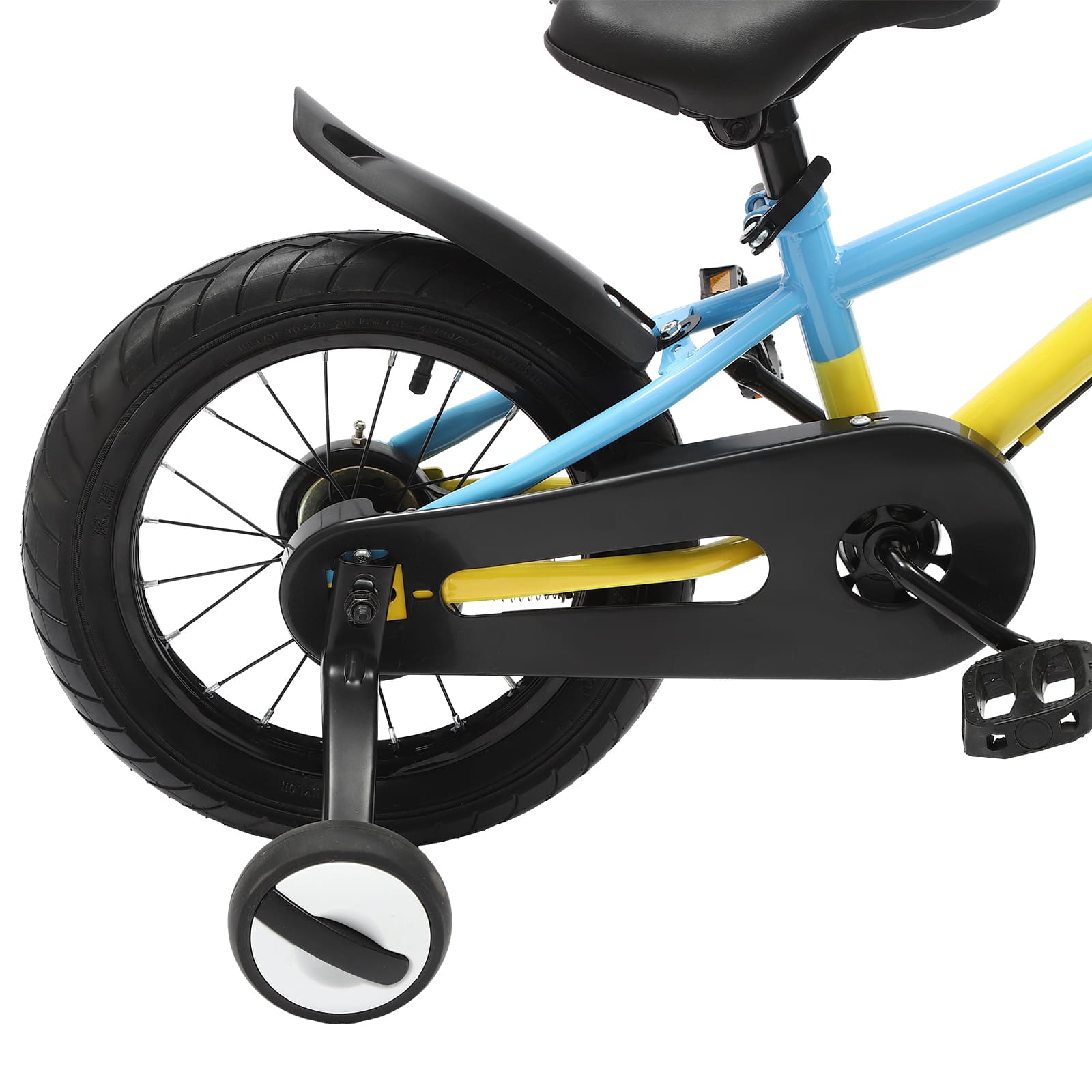 14-Zoll-Kinderfahrrad mit Stützrädern, Handbremse, Schutzblech und Korb (gelb & blau)