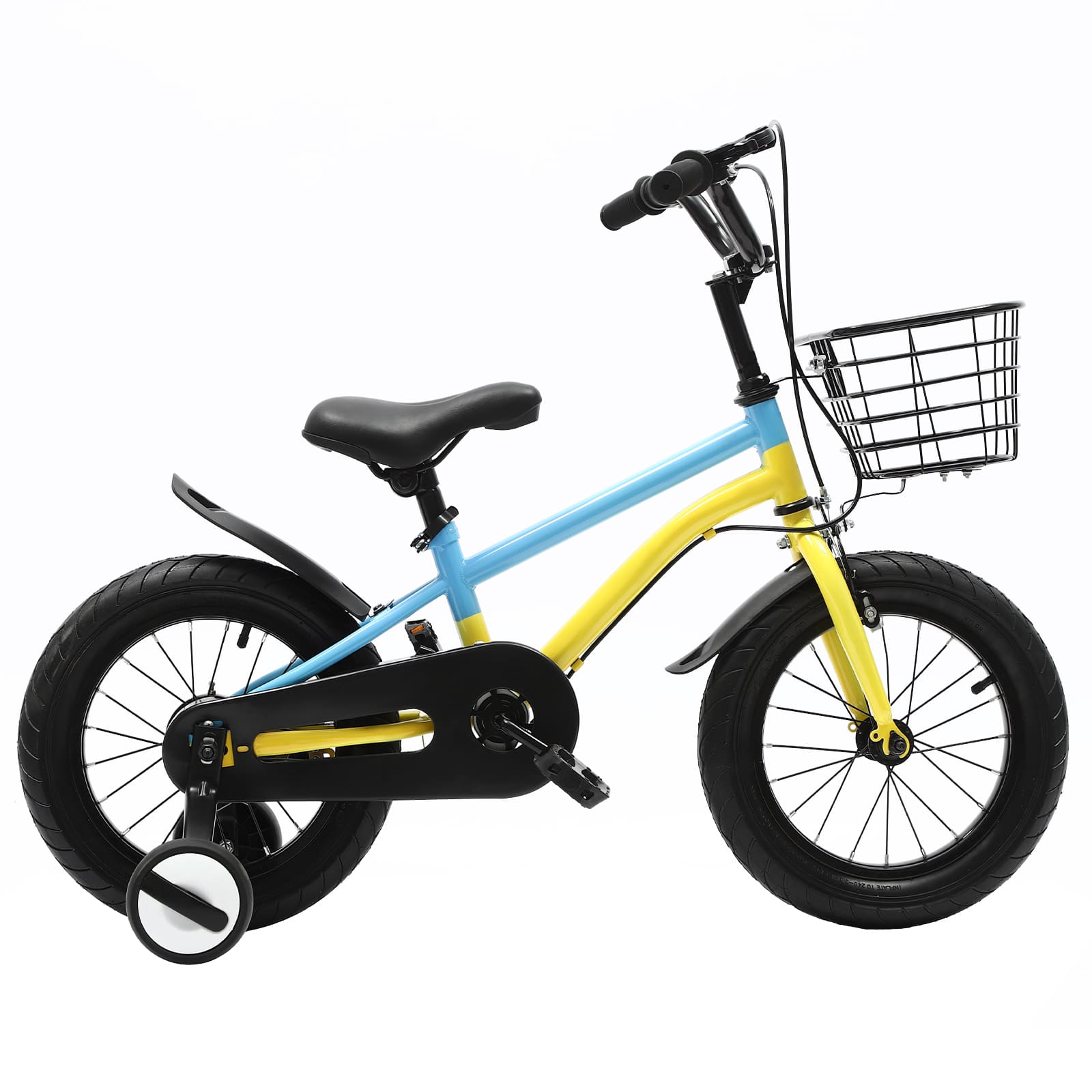14-Zoll-Kinderfahrrad mit Stützrädern, Handbremse, Schutzblech und Korb (gelb & blau)