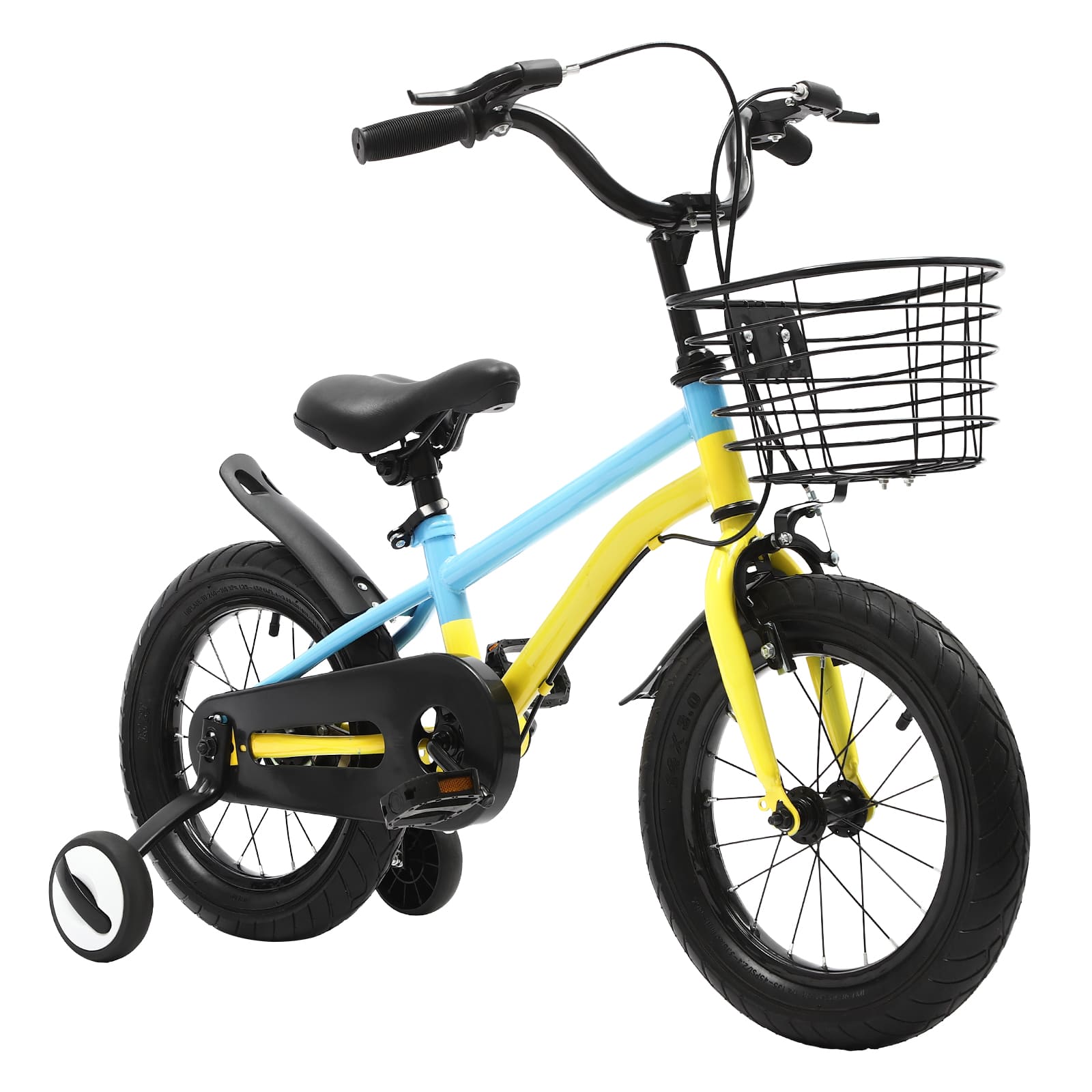 14-Zoll-Kinderfahrrad mit Stützrädern, Handbremse, Schutzblech und Korb (gelb & blau)