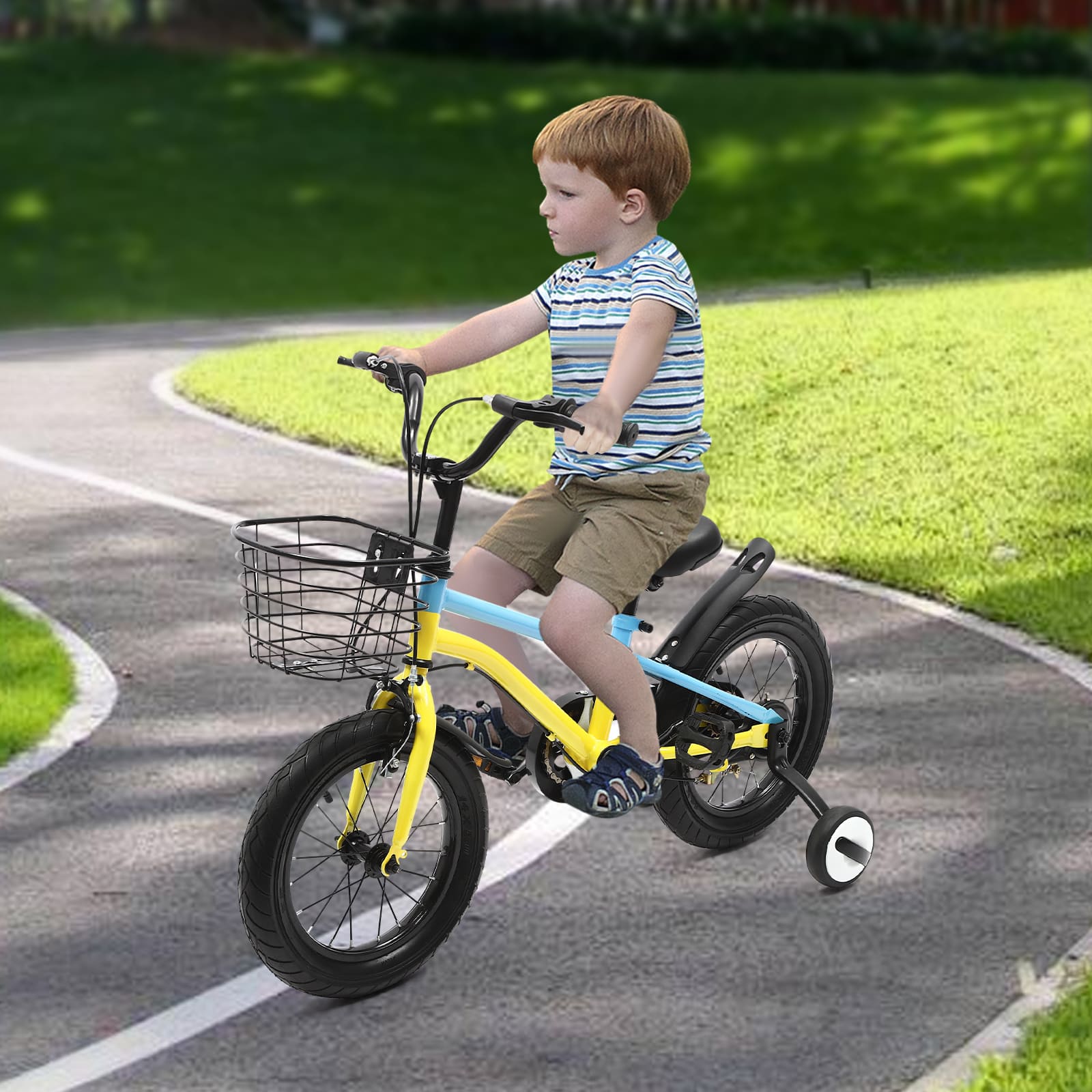 14-Zoll-Kinderfahrrad mit Stützrädern, Handbremse, Schutzblech und Korb (gelb & blau)