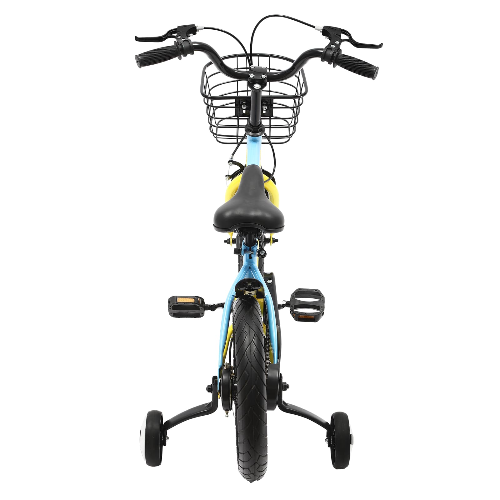 14-Zoll-Kinderfahrrad mit Stützrädern, Handbremse, Schutzblech und Korb (gelb & blau)