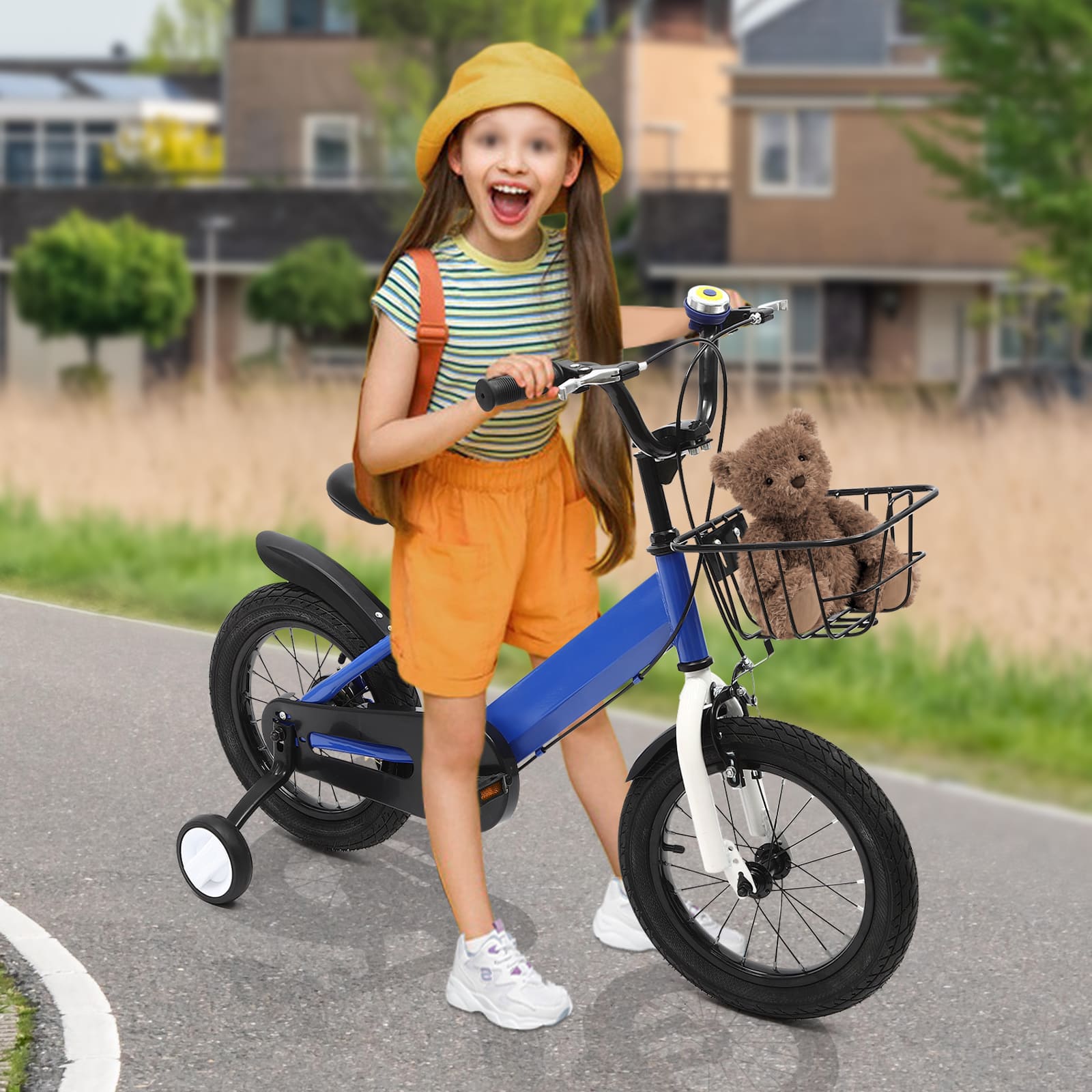 14 Zoll Kinderfahrrad mit Hilfsrad, Rücktrittbremse, Stützrädern, Passendes Geschenk für 3-5 Jahre alte Kinder (Blau)