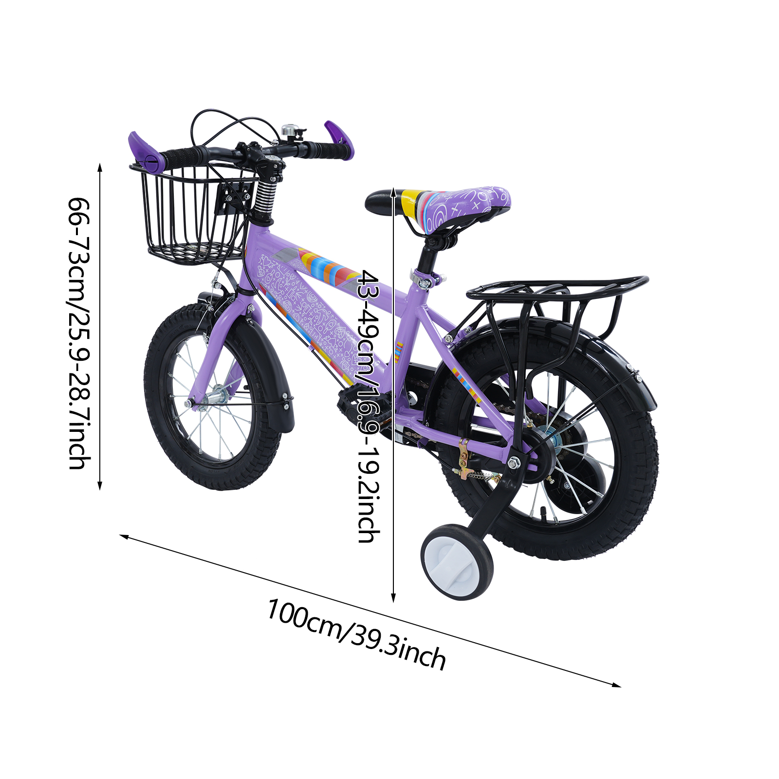 14-Zoll-Kinderfahrrad, Kinderfahrrad-Rücksitz mit Gepäckträger, Kinderfahrrad mit Korb für 3-6-Jährige – Lila