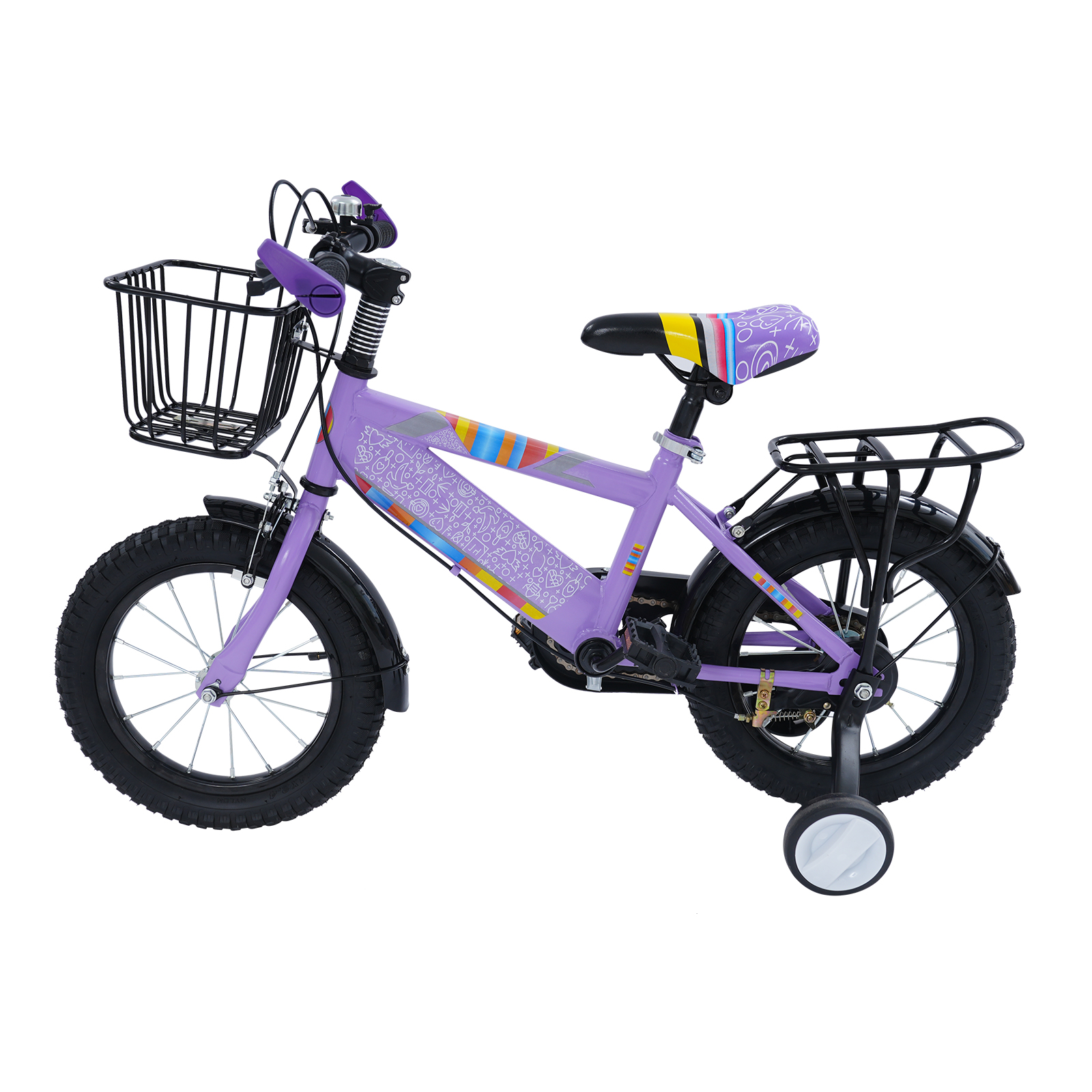 14-Zoll-Kinderfahrrad, Kinderfahrrad-Rücksitz mit Gepäckträger, Kinderfahrrad mit Korb für 3-6-Jährige – Lila