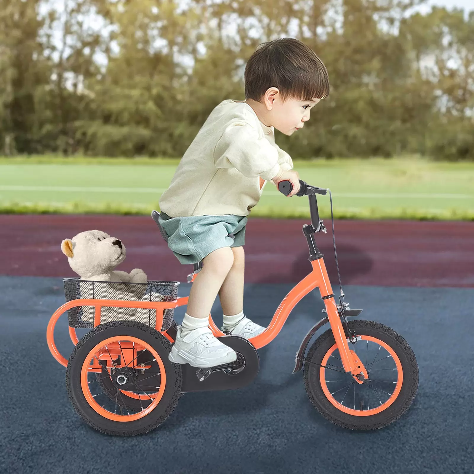 CNCEST 12 Zoll 3 Räder Kinder Orange Fahrräder, Single Speed Dreirad Fahrrad, Kinderfahrrad mit Grosser Korb