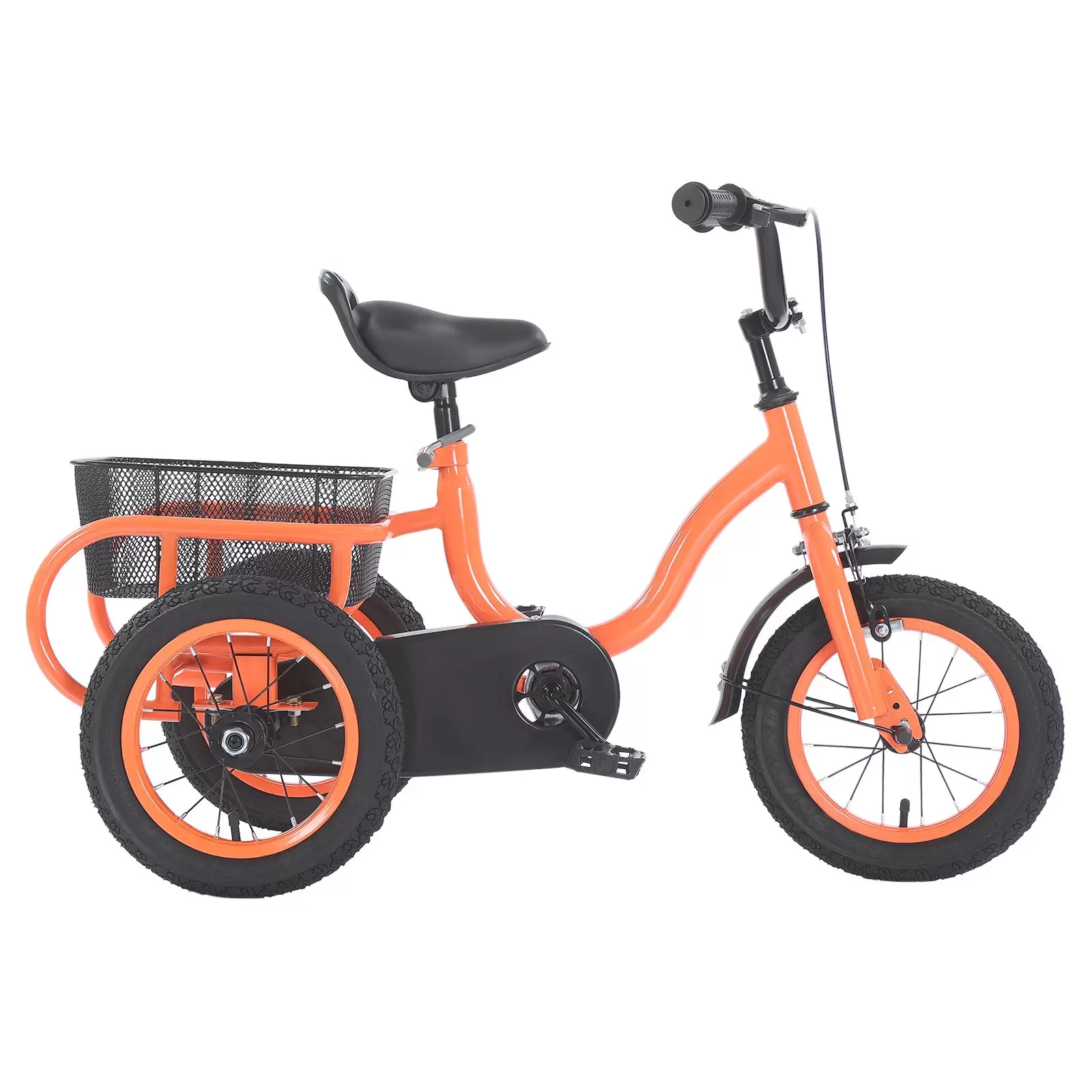 CNCEST 12 Zoll 3 Räder Kinder Orange Fahrräder, Single Speed Dreirad Fahrrad, Kinderfahrrad mit Grosser Korb