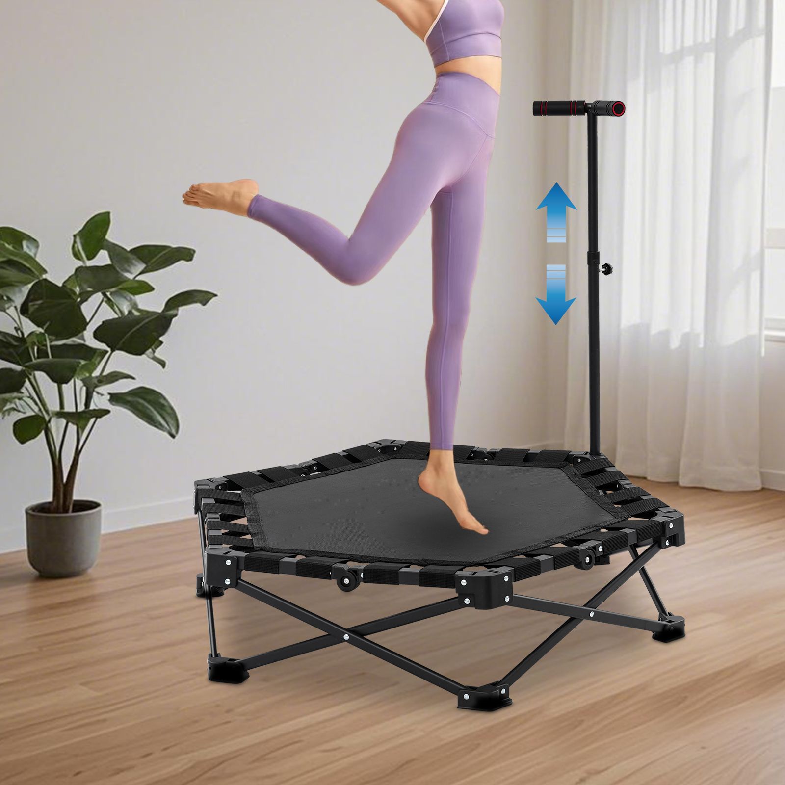 Sechseckiges, faltbares Rebounder-Trampolin mit verstellbarem Griff, faltbares Trampolin für Erwachsene und Kinder