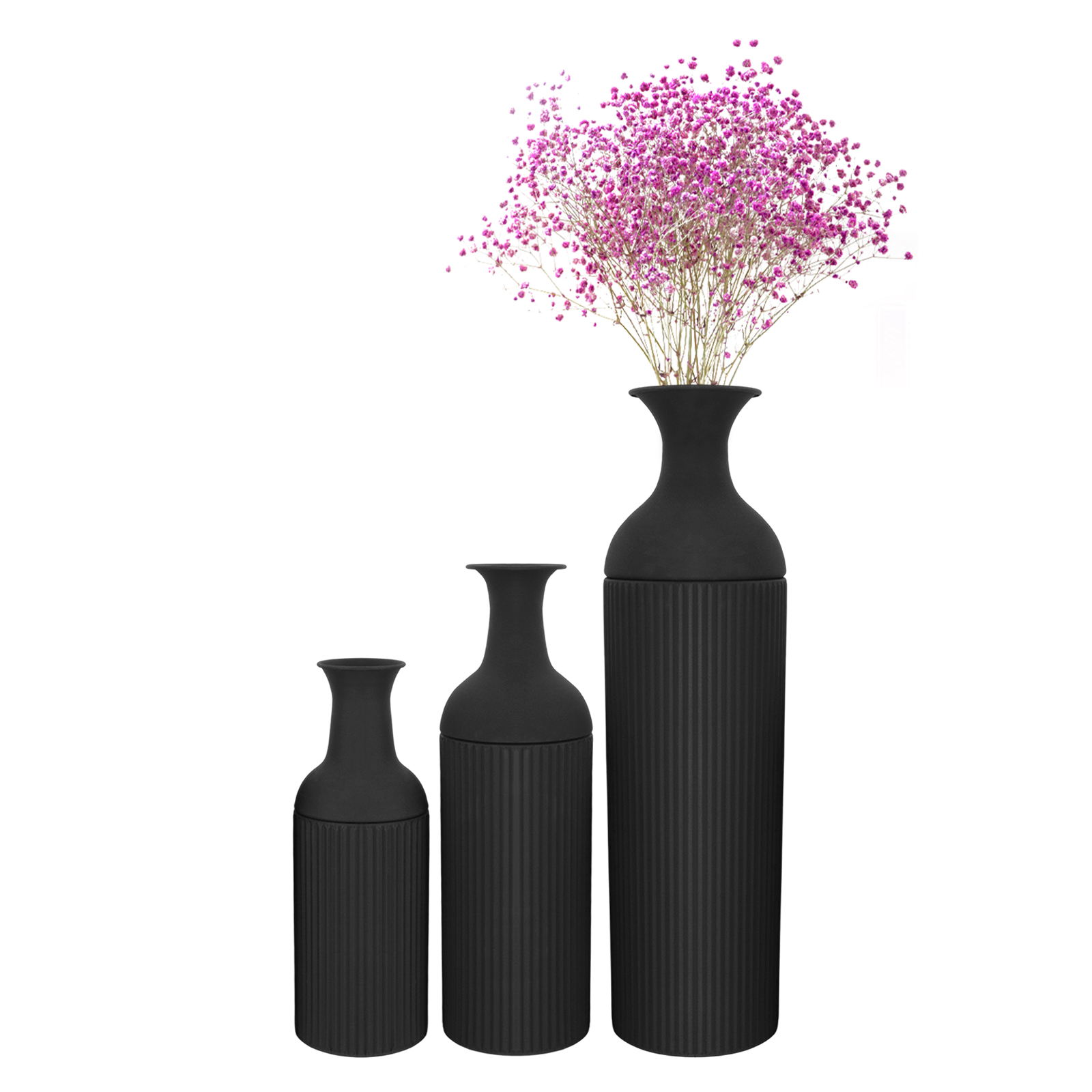 3 Stück schwarze einbrennlackierte Eisenvasen modernes Design für Tisch und Boden als stilvolle Wohnraumdekoration