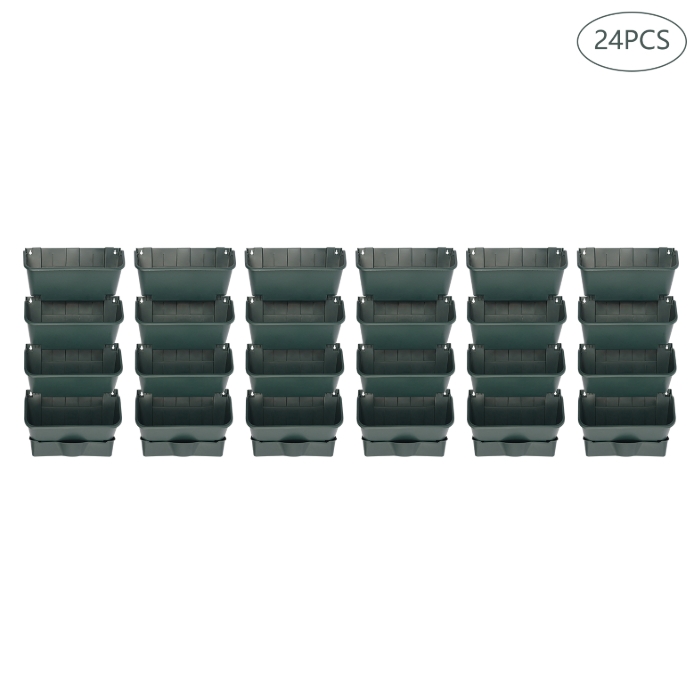 Hanging Vertical Wall Planter, 24 Planter Pots, 6 Drain Basins + 2m Drain Hose - Army Green