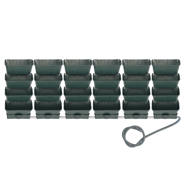 Hanging Vertical Wall Planter, 24 Planter Pots, 6 Drain Basins + 2m Drain Hose - Army Green