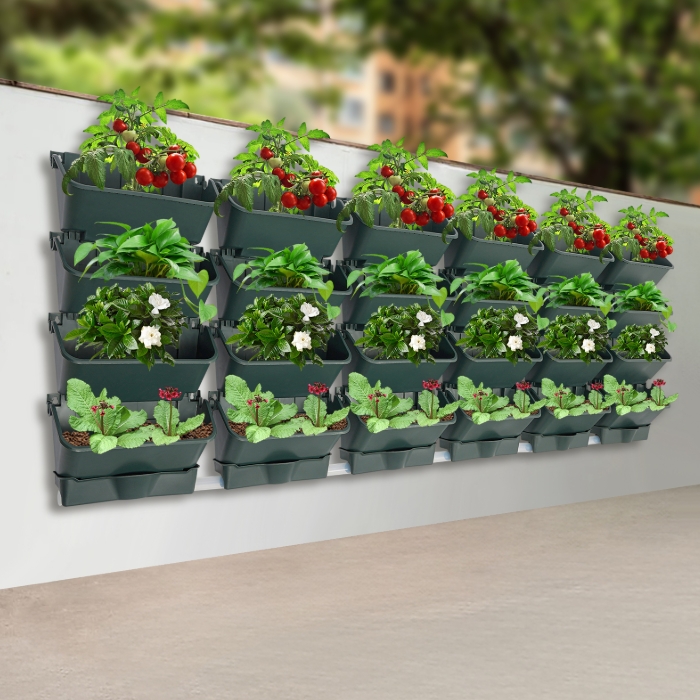 Hanging Vertical Wall Planter, 24 Planter Pots, 6 Drain Basins + 2m Drain Hose - Army Green