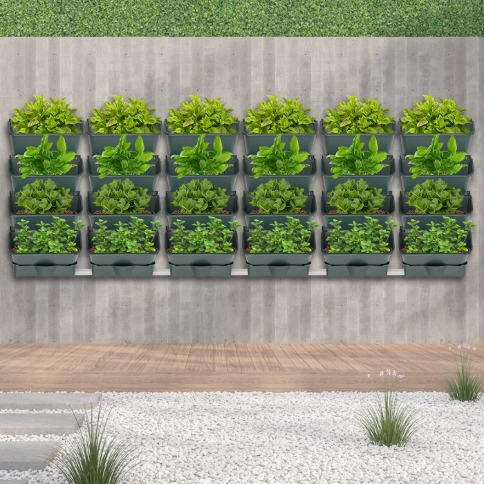 Hanging Vertical Wall Planter, 24 Planter Pots, 6 Drain Basins + 2m Drain Hose - Army Green